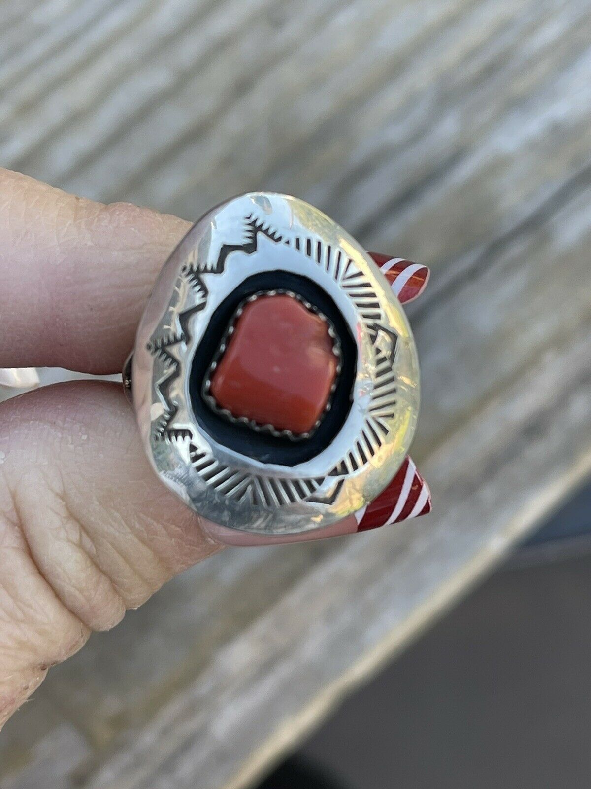 Navajo Sterling Silver Natural Red Coral Shadow Box Ring Sz 8