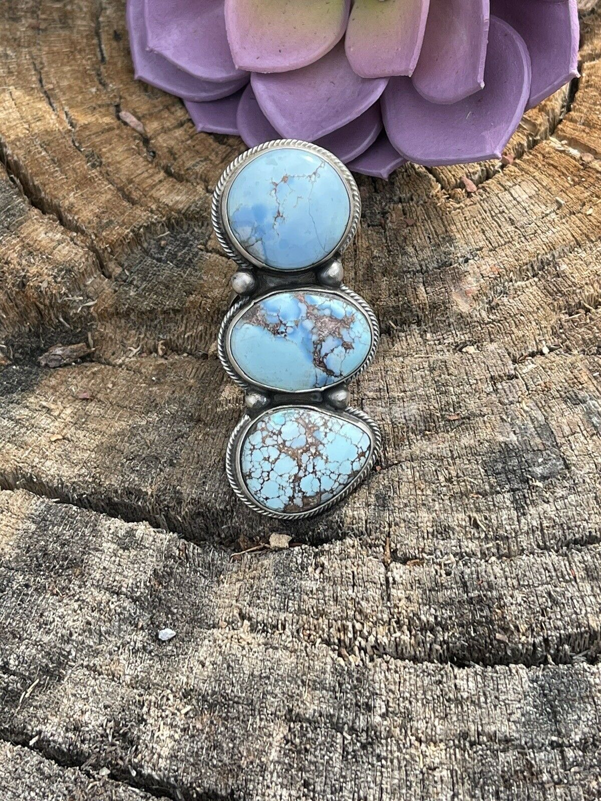 Navajo Golden Hills Turquoise & Sterling Silver Sz 6.5 Signed Bobby Johnson