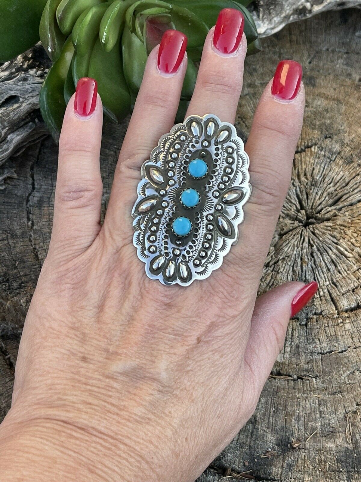 Navajo 3 Stone Turquoise & Sterling Silver Concho Ring Adjustable Signed L.Tahe