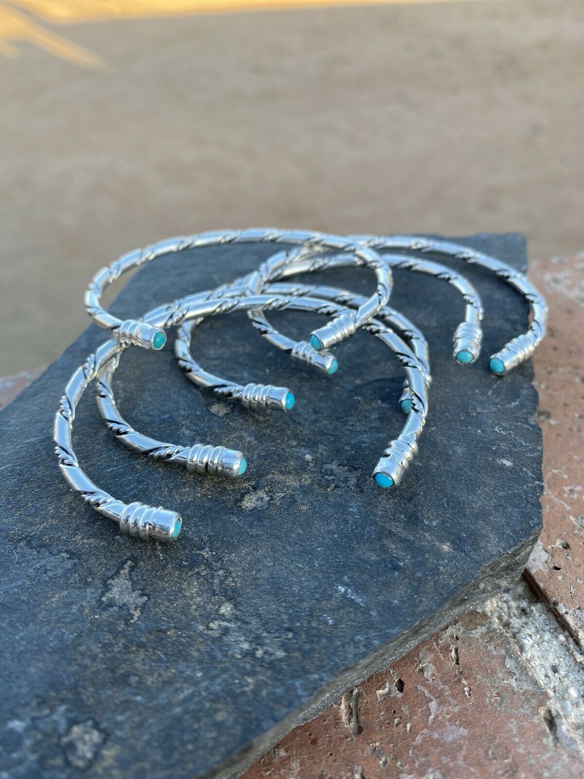 Navajo Sterling Silver & Turquoise Twisted Rope Stacker Bracelet Cuff 1/8”