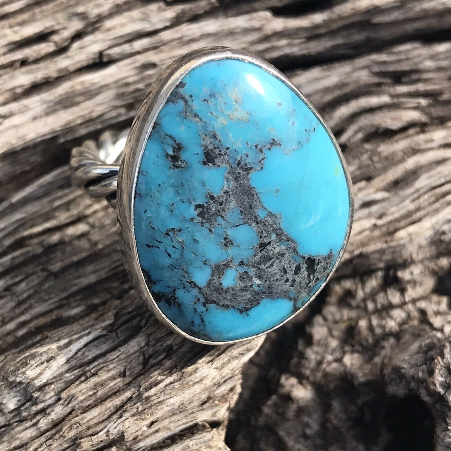 Stunning Rope Style Turquoise & Sterling Silver Navajo Ring Size 6