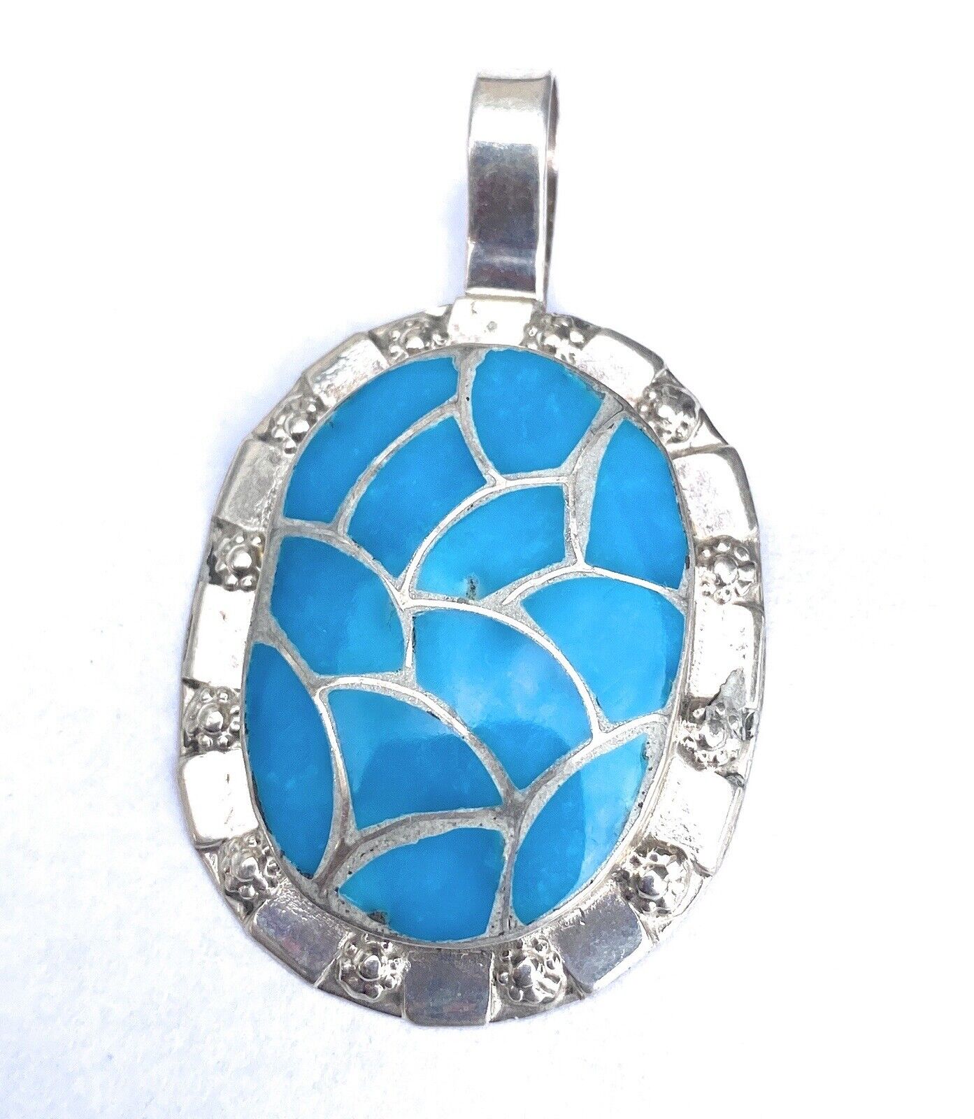 Vintage Zuni Turquoise & Sterling Silver Inlay Pendant Signed