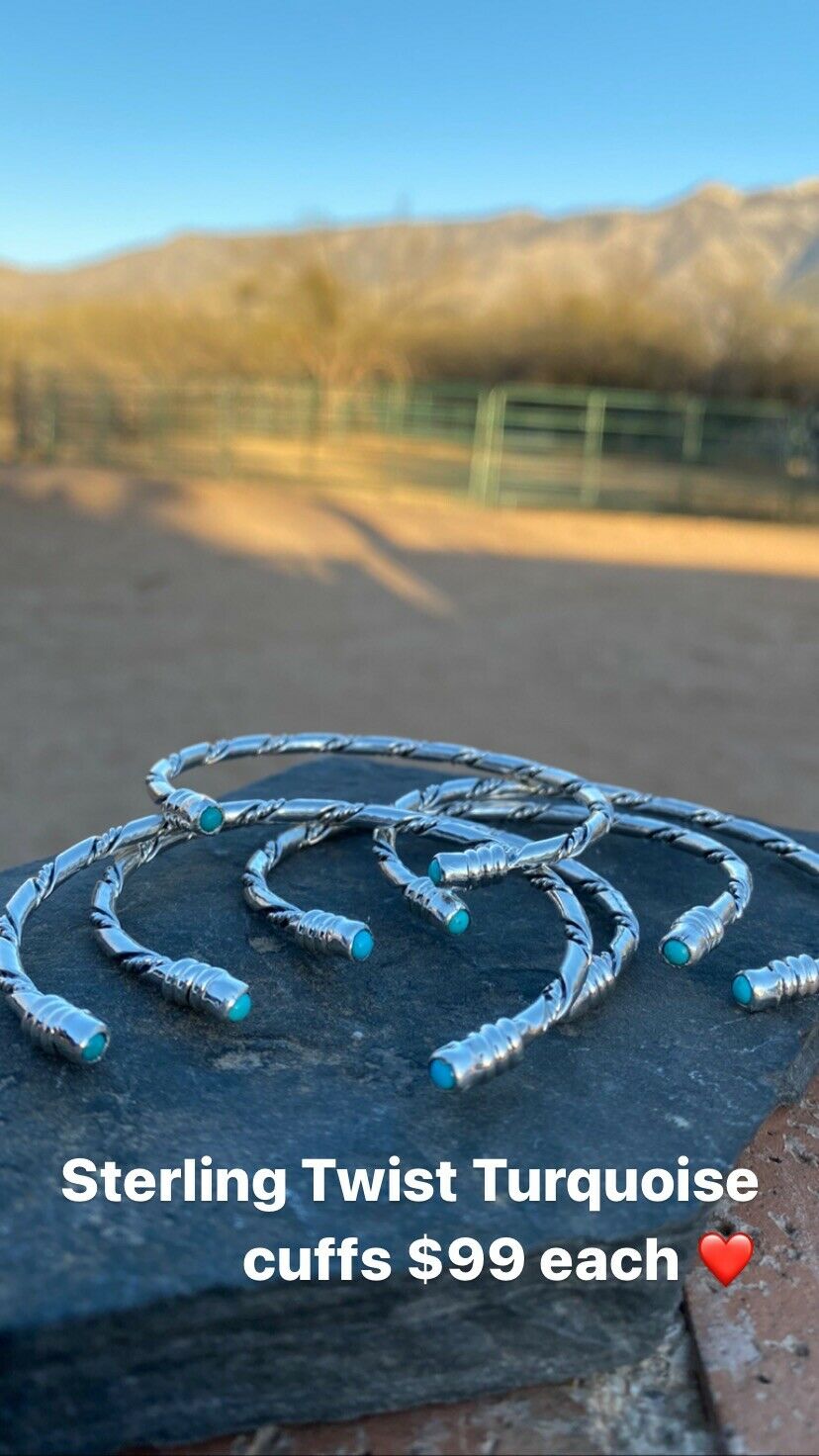 Navajo Sterling Silver & Turquoise Twisted Rope Stacker Bracelet Cuff 1/8”