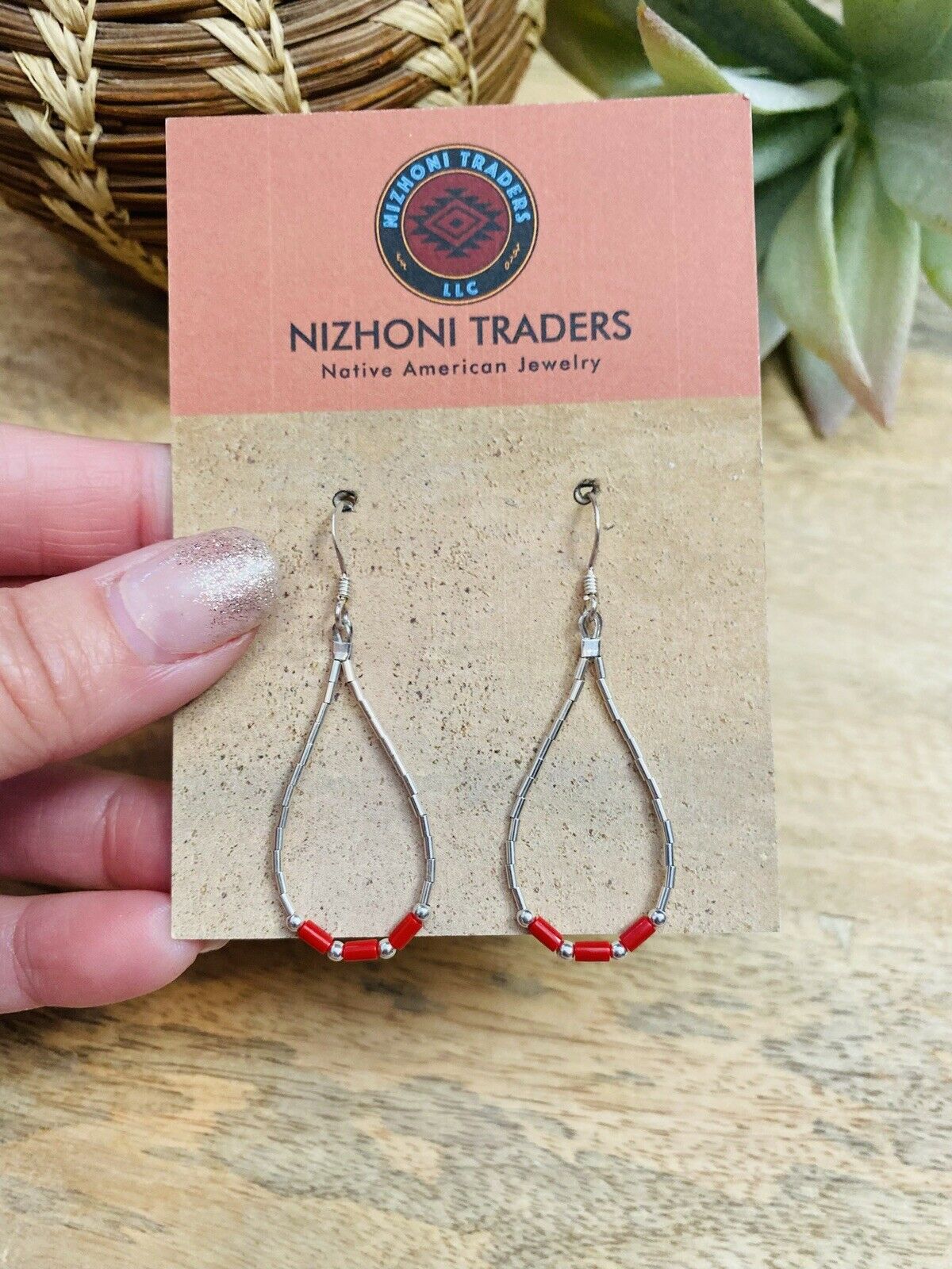 Navajo Sterling Liquid Silver & Coral Beaded Dangle Earrings