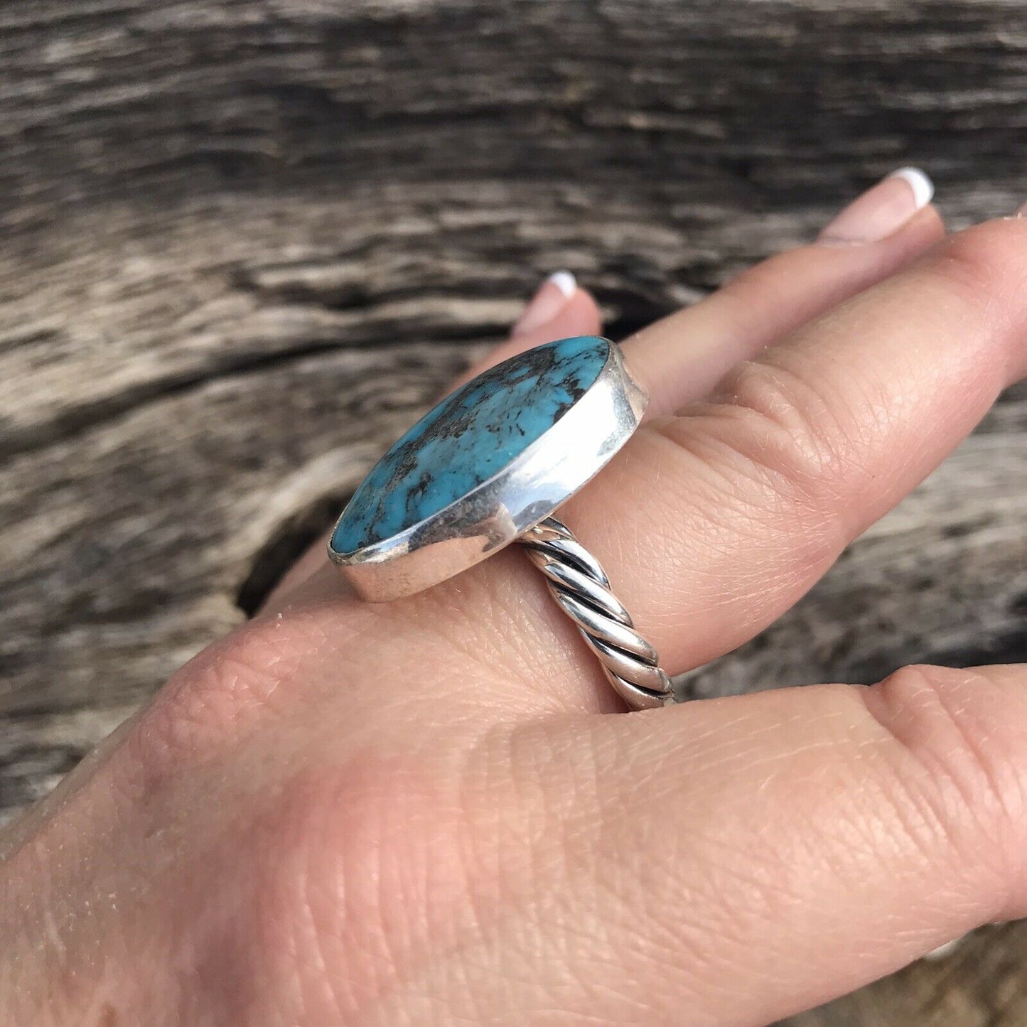 Stunning Rope Style Turquoise & Sterling Silver Navajo Ring Size 6