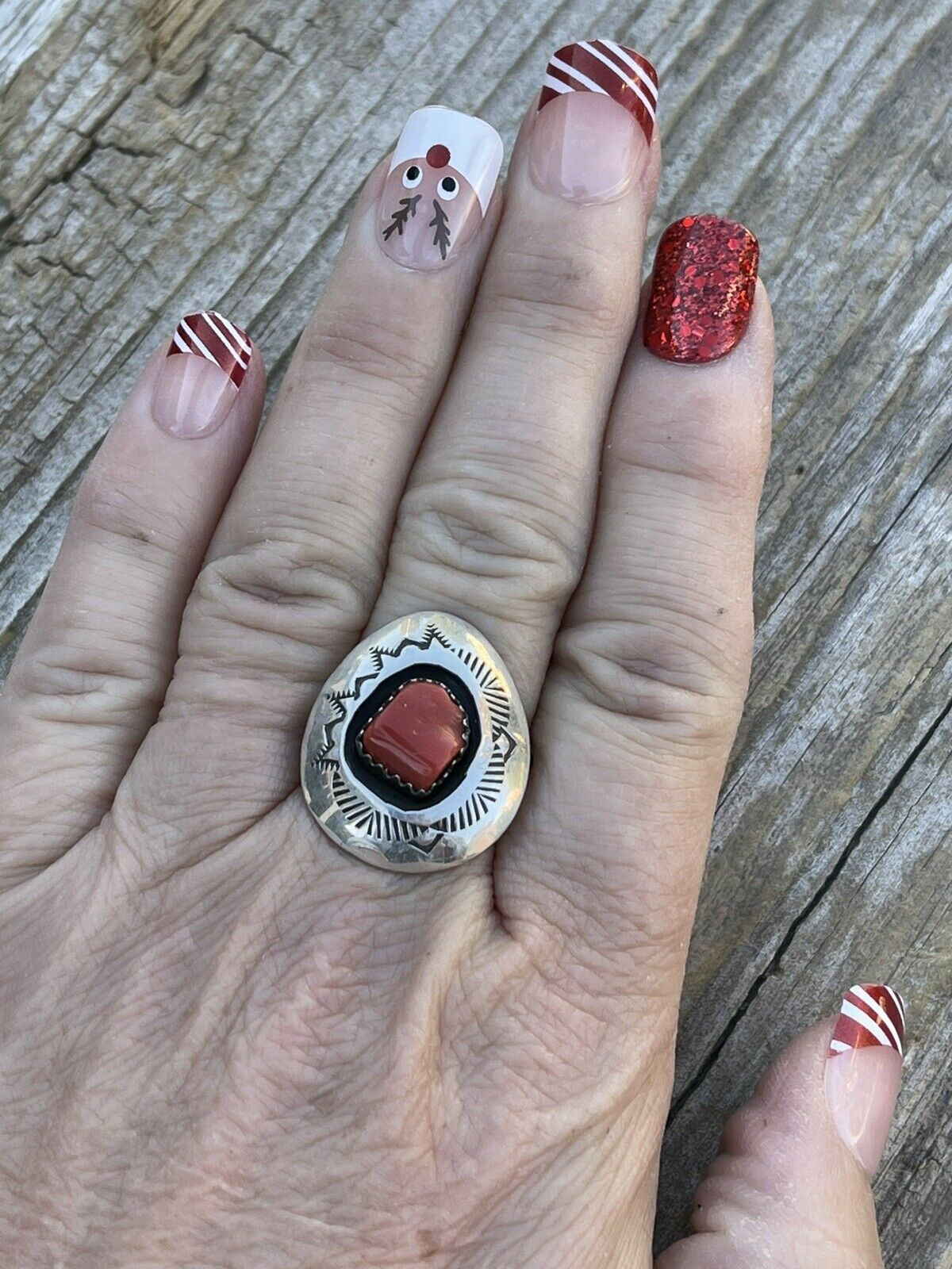 Navajo Sterling Silver Natural Red Coral Shadow Box Ring Sz 8