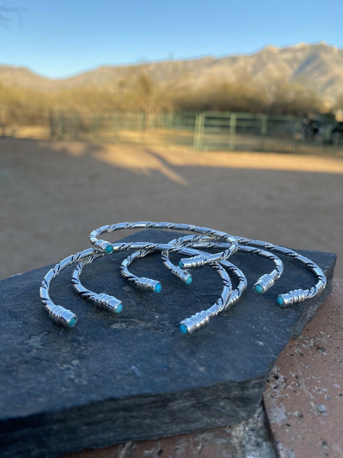 Navajo Sterling Silver & Turquoise Twisted Rope Stacker Bracelet Cuff 1/8”