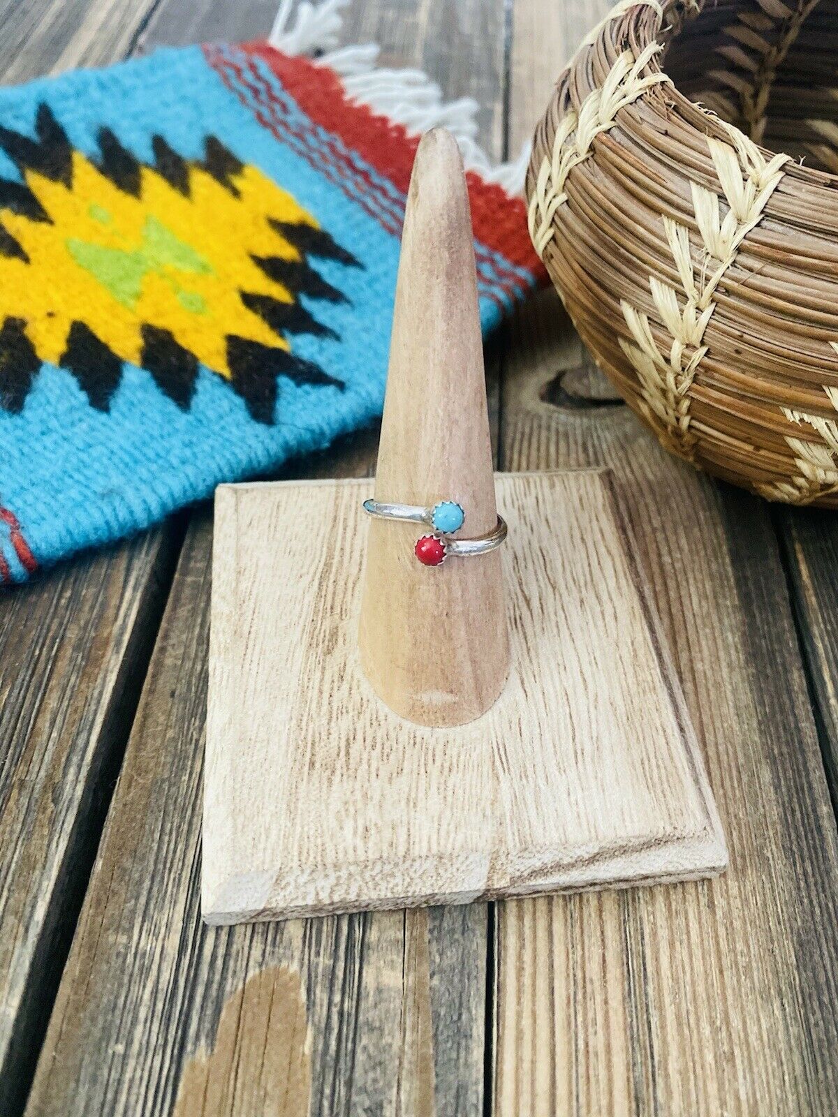 Navajo Sterling Silver, Coral & Turquoise Adjustable Ring