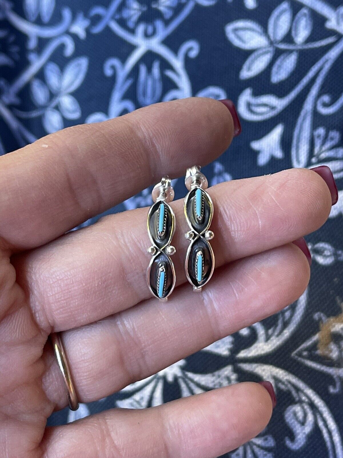 Navajo Sterling Silver & Turquoise Crescent Circle Post Earrings