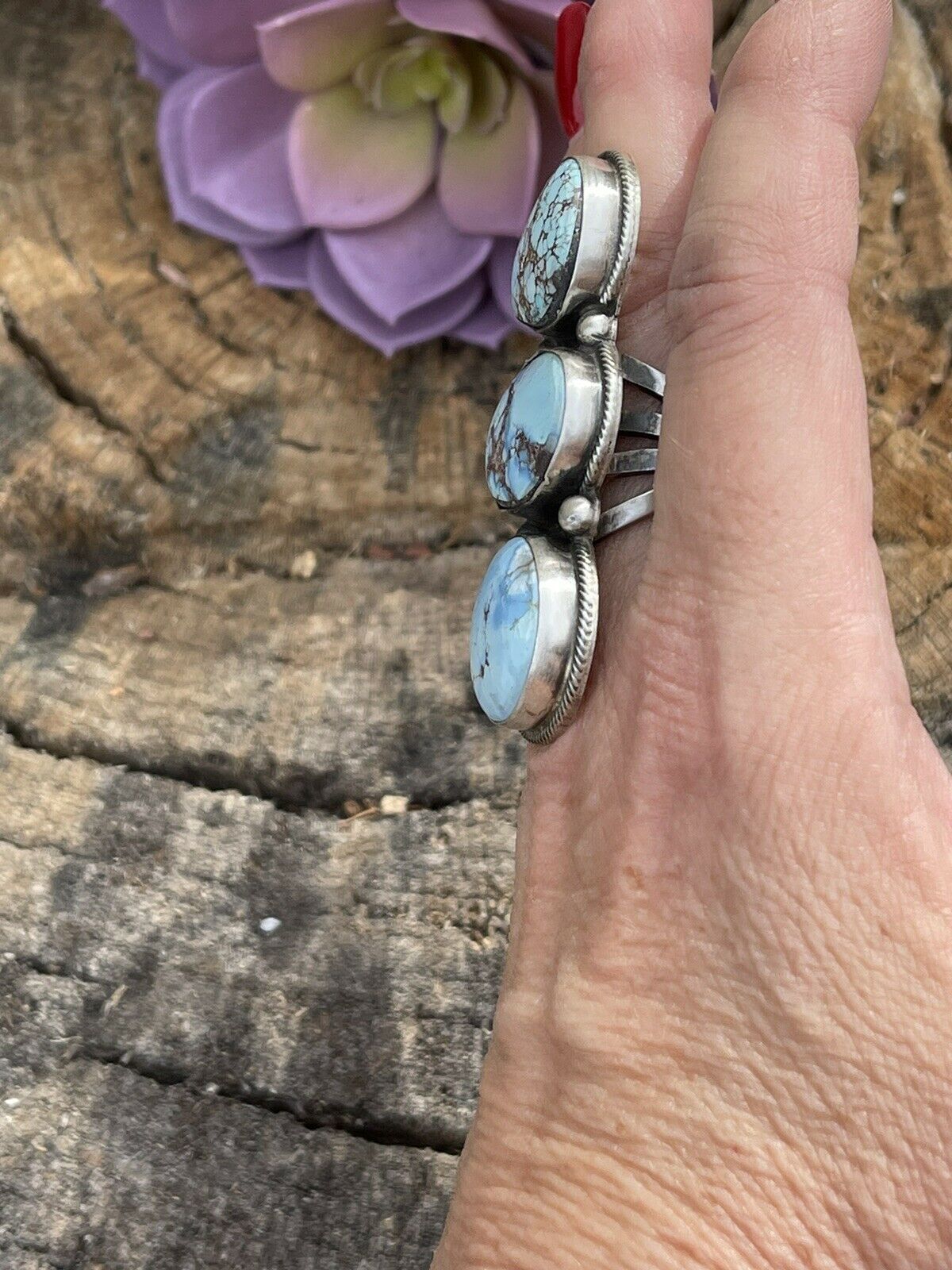 Navajo Golden Hills Turquoise & Sterling Silver Sz 6.5 Signed Bobby Johnson