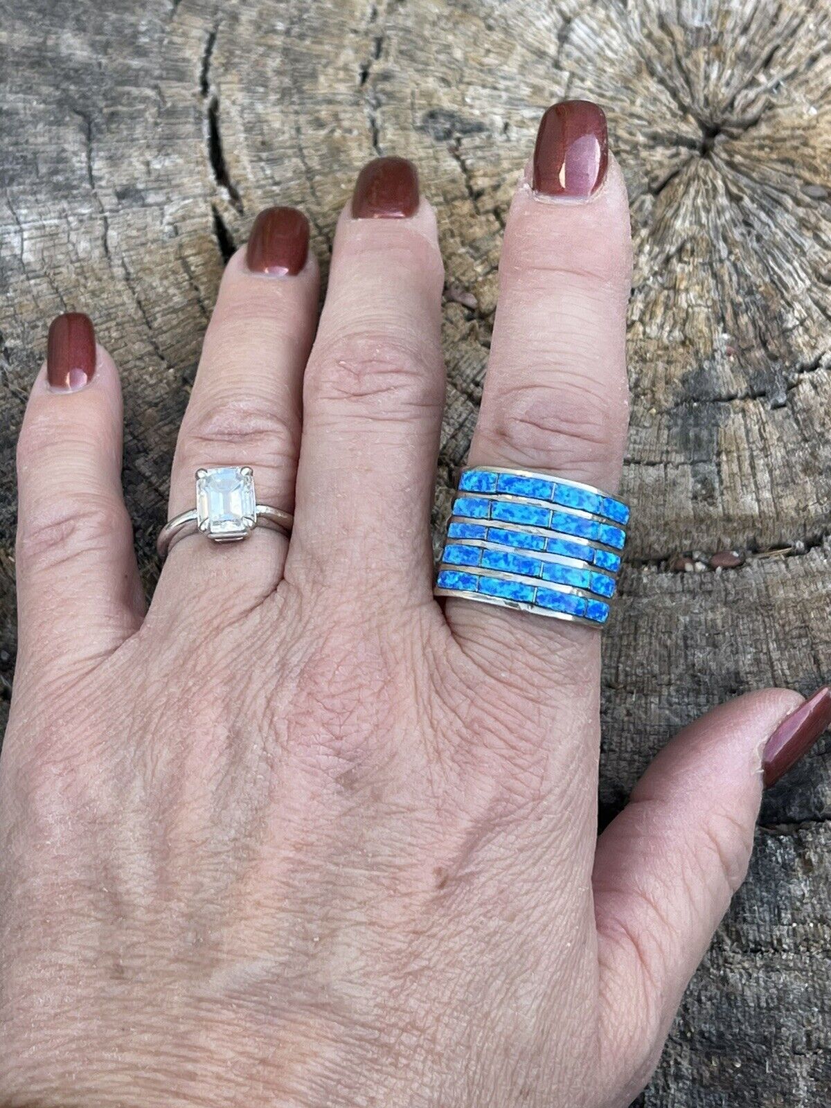 Zuni Sterling Silver Blue Opal 5 Row Inlay Ring