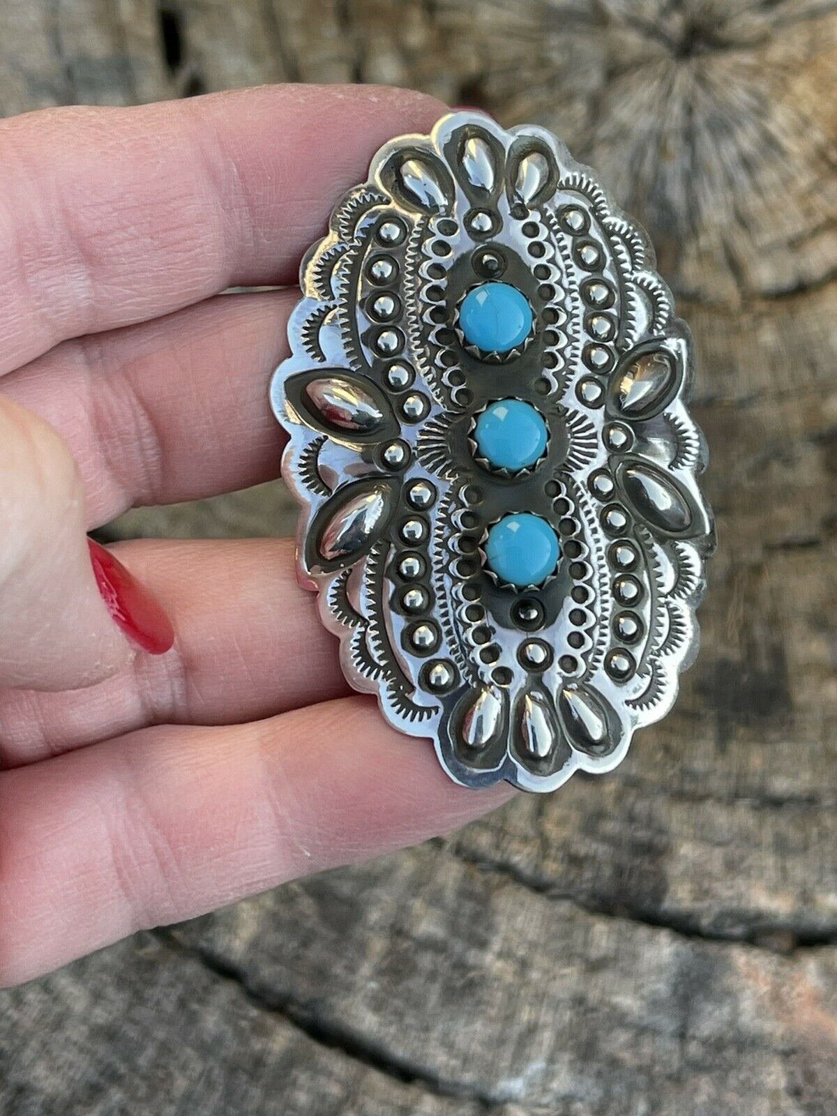 Navajo 3 Stone Turquoise & Sterling Silver Concho Ring Adjustable Signed L.Tahe