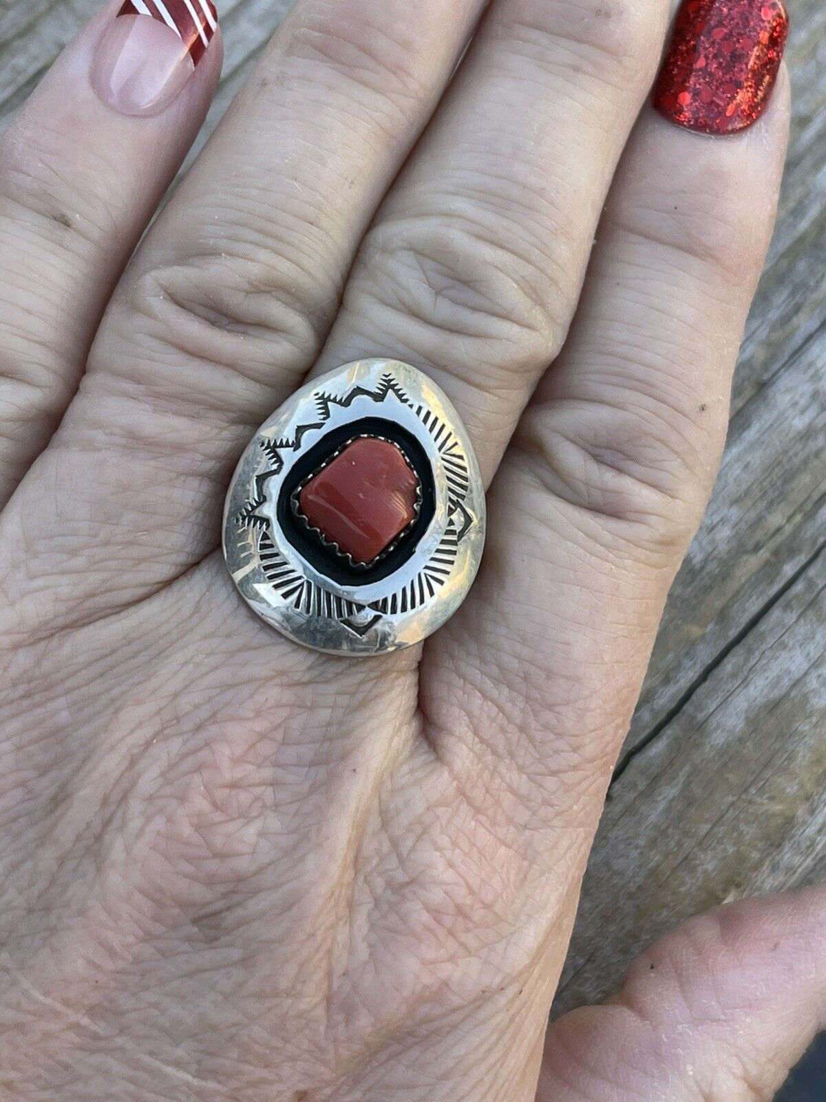 Navajo Sterling Silver Natural Red Coral Shadow Box Ring Sz 8