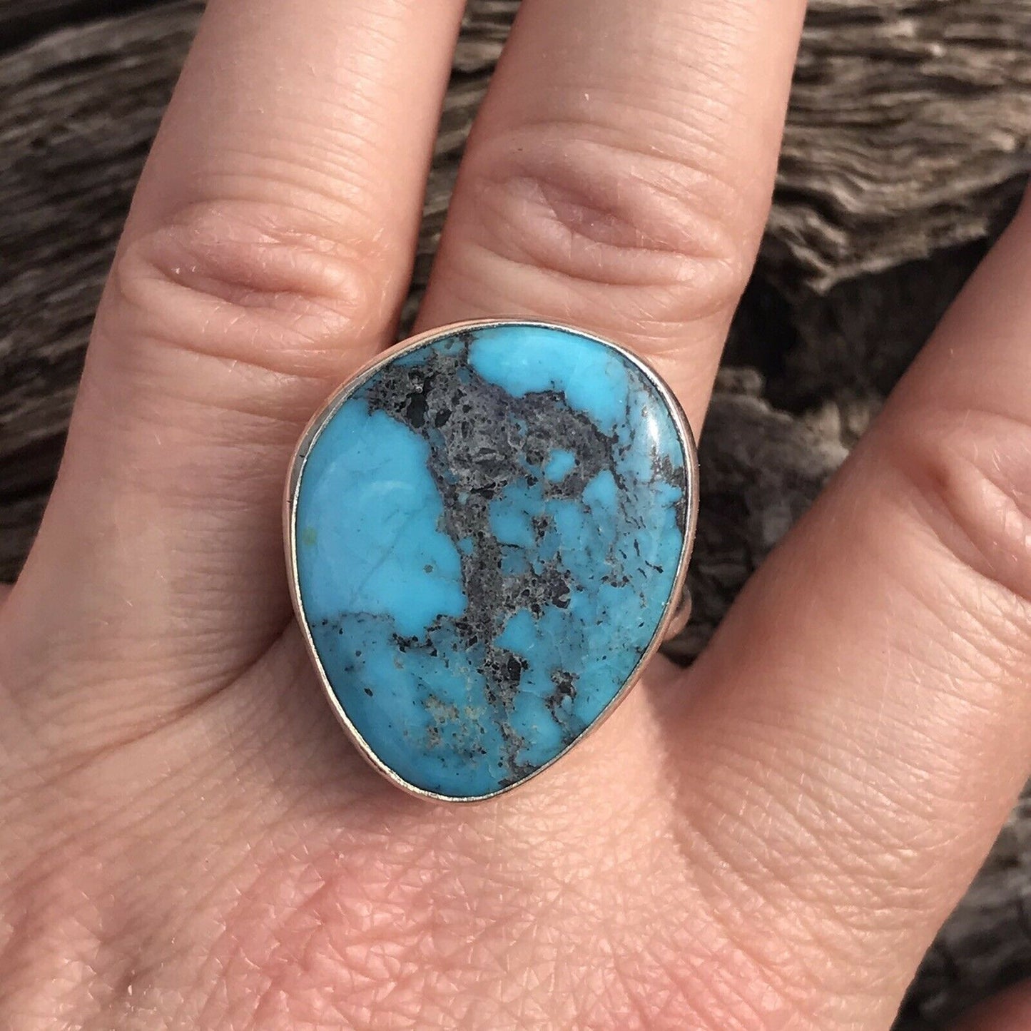 Stunning Rope Style Turquoise & Sterling Silver Navajo Ring Size 6