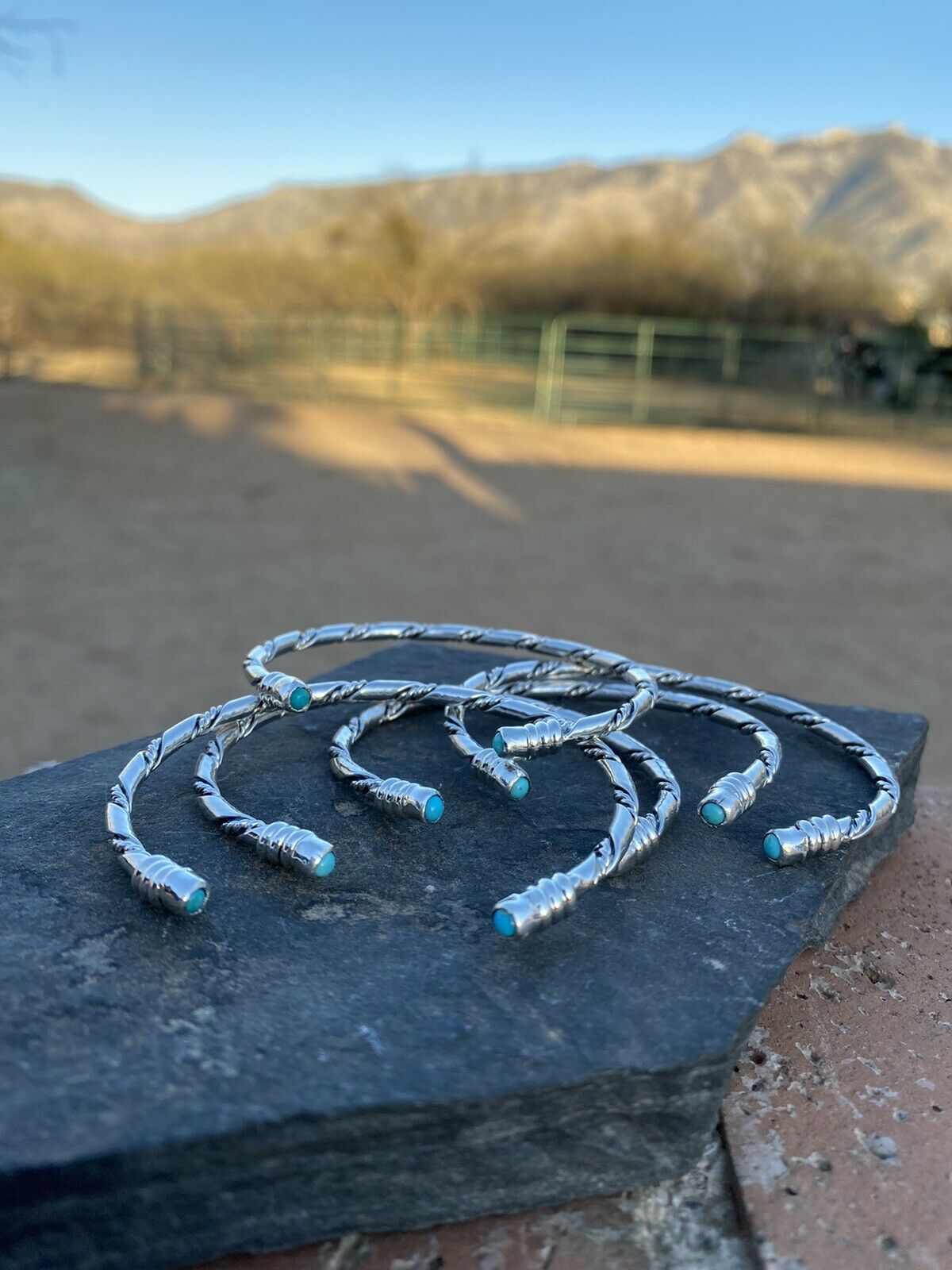 Navajo Sterling Silver & Turquoise Twisted Rope Stacker Bracelet Cuff 1/8”