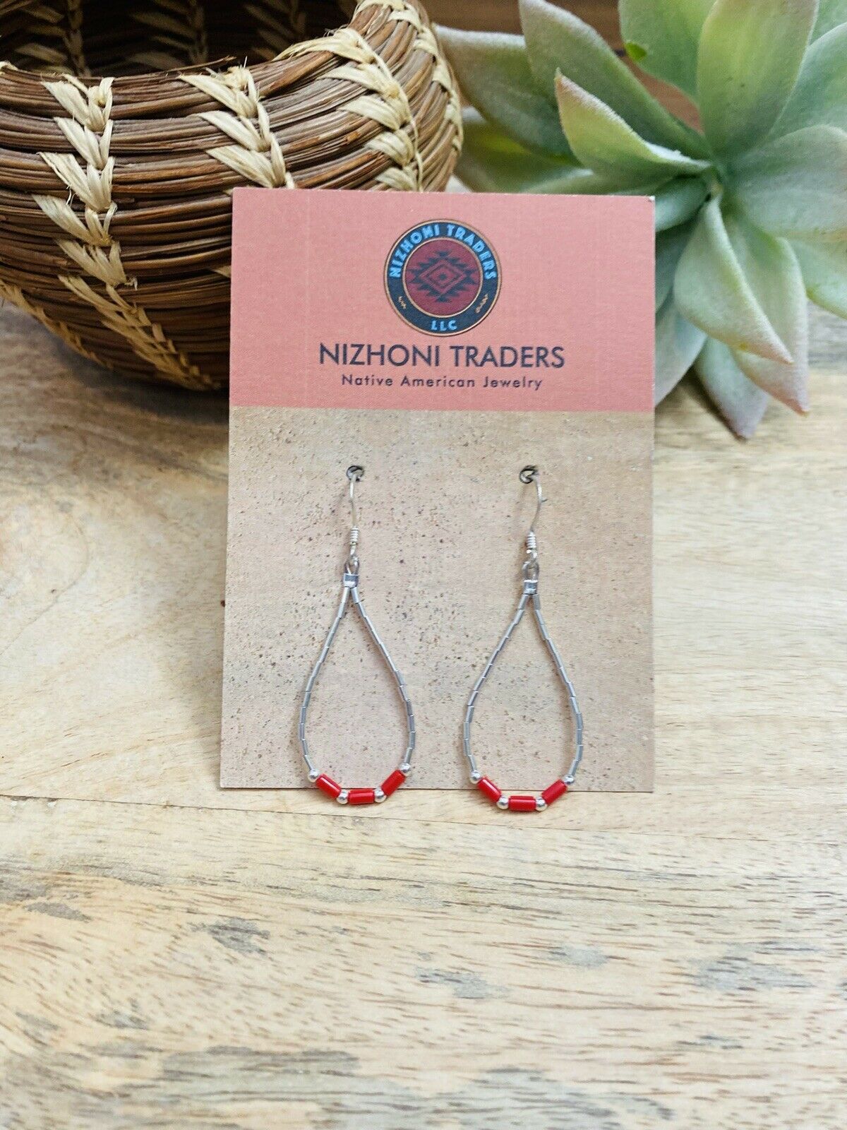 Navajo Sterling Liquid Silver & Coral Beaded Dangle Earrings