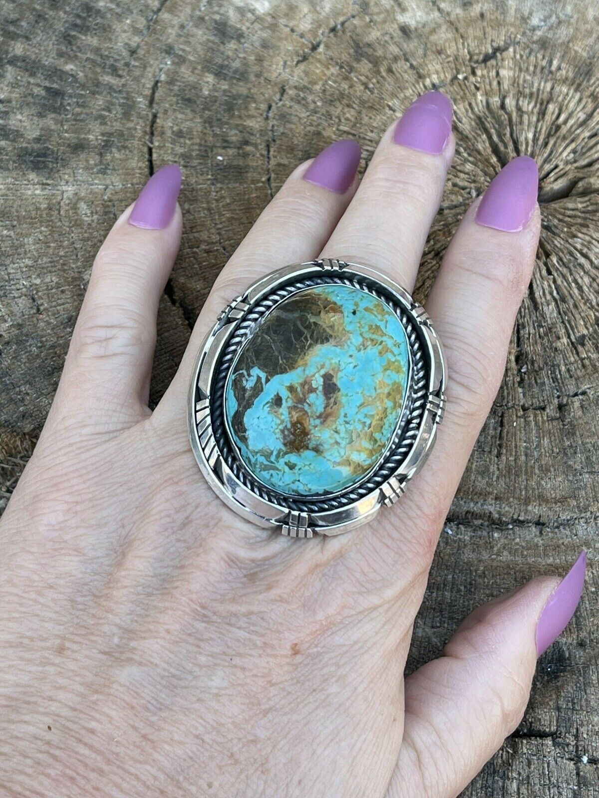 Navajo Sterling Silver Turquoise Shadow Box Ring Sz 8.5