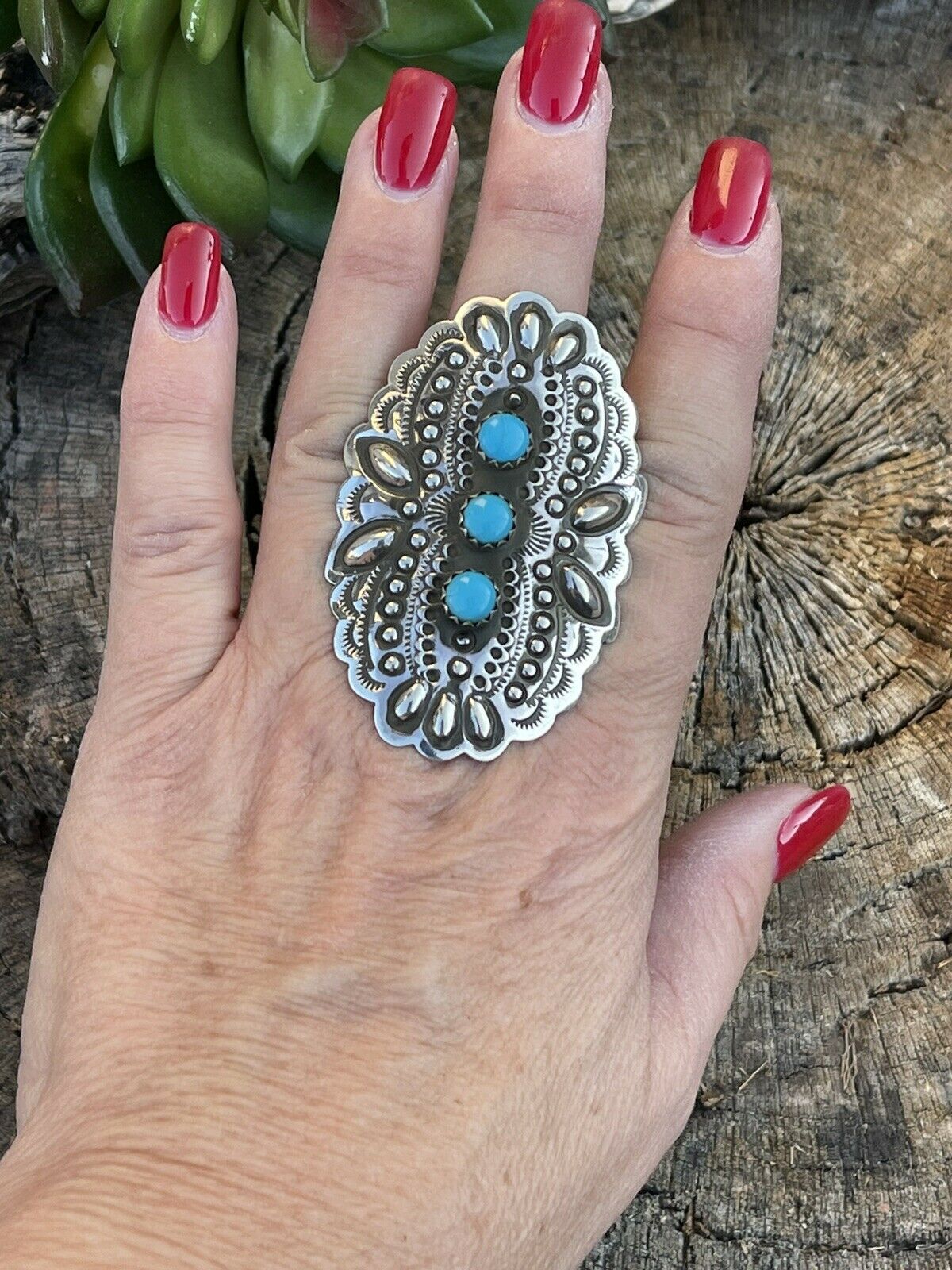 Navajo 3 Stone Turquoise & Sterling Silver Concho Ring Adjustable Signed L.Tahe