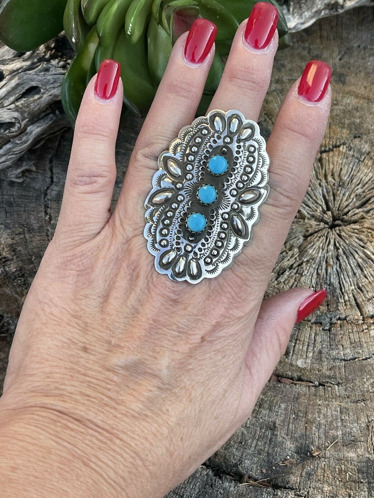 Navajo 3 Stone Turquoise & Sterling Silver Concho Ring Adjustable Signed L.Tahe