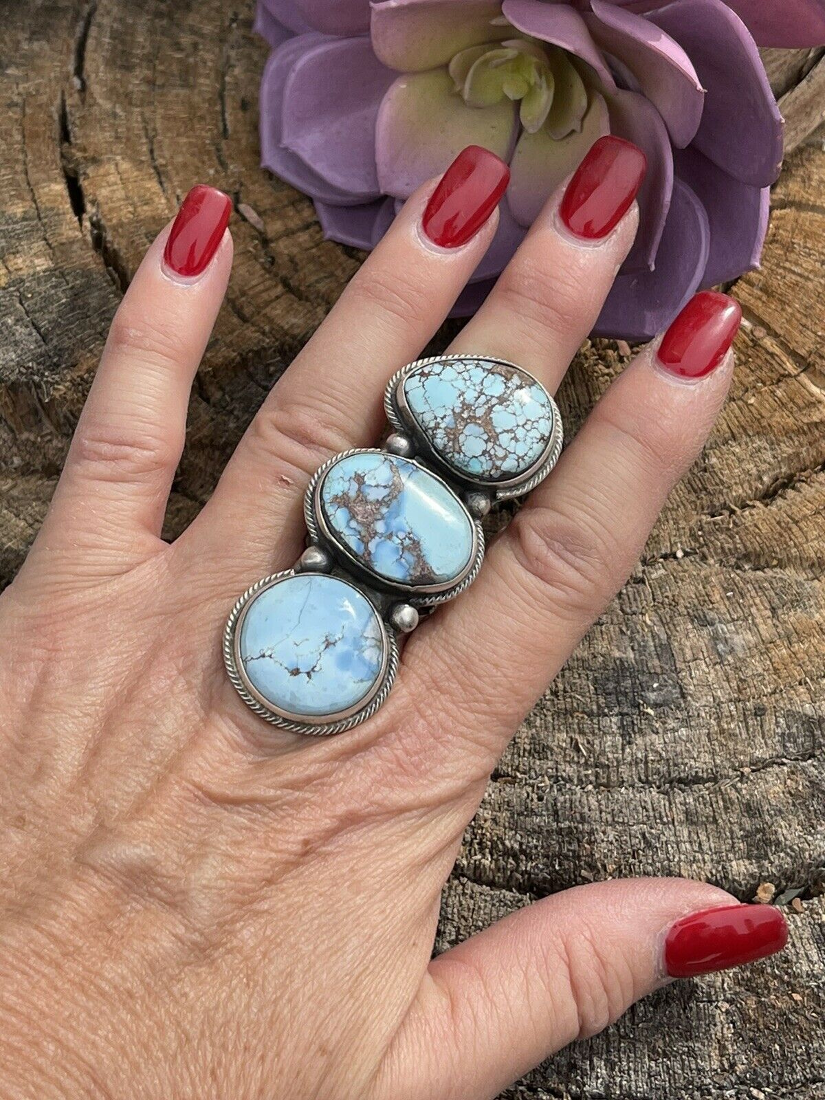 Navajo Golden Hills Turquoise & Sterling Silver Sz 6.5 Signed Bobby Johnson