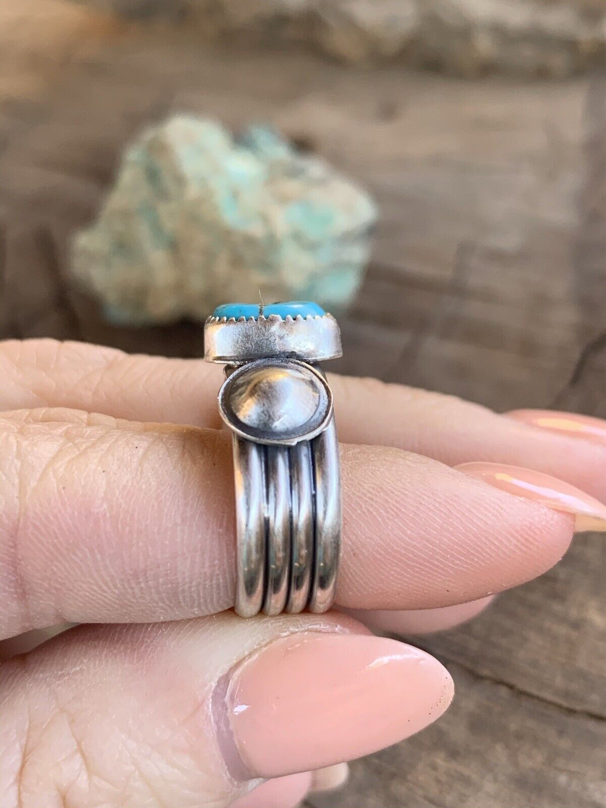 Navajo Turquoise & Sterling Silver 4 Row Ring