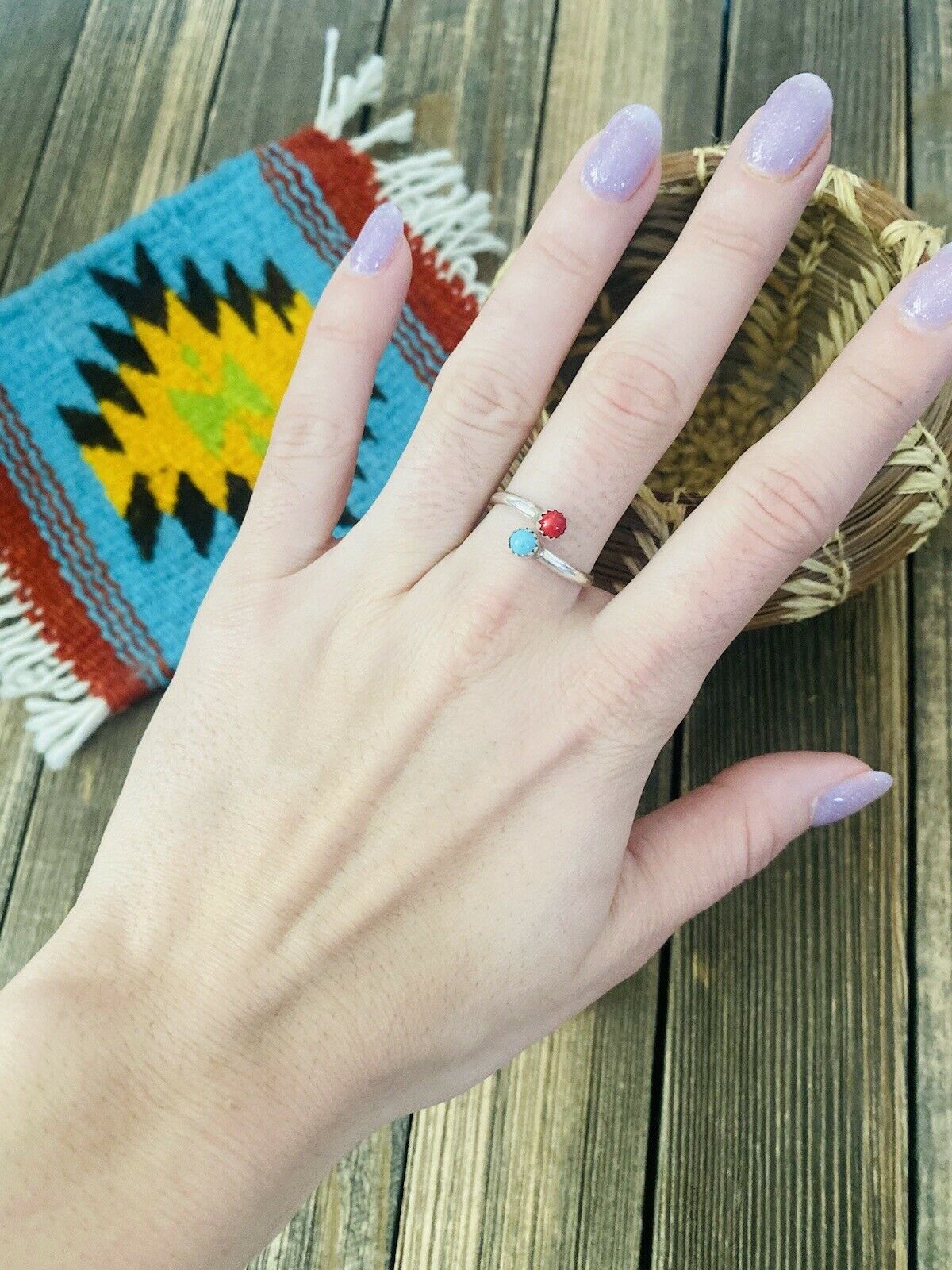 Navajo Sterling Silver, Coral & Turquoise Adjustable Ring