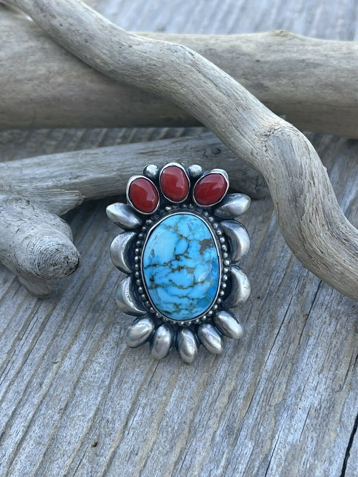 Navajo Sterling Kingman Web Turquoise & Red Coral Taos Collection Ring by Danny Clark, Sz 6.5