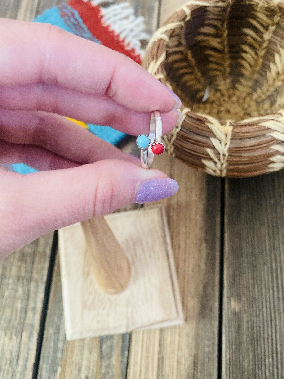 Navajo Sterling Silver, Coral & Turquoise Adjustable Ring