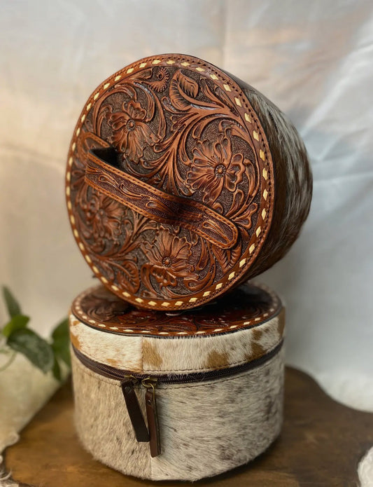 Tooled Floral Round Cowhide jewelry box