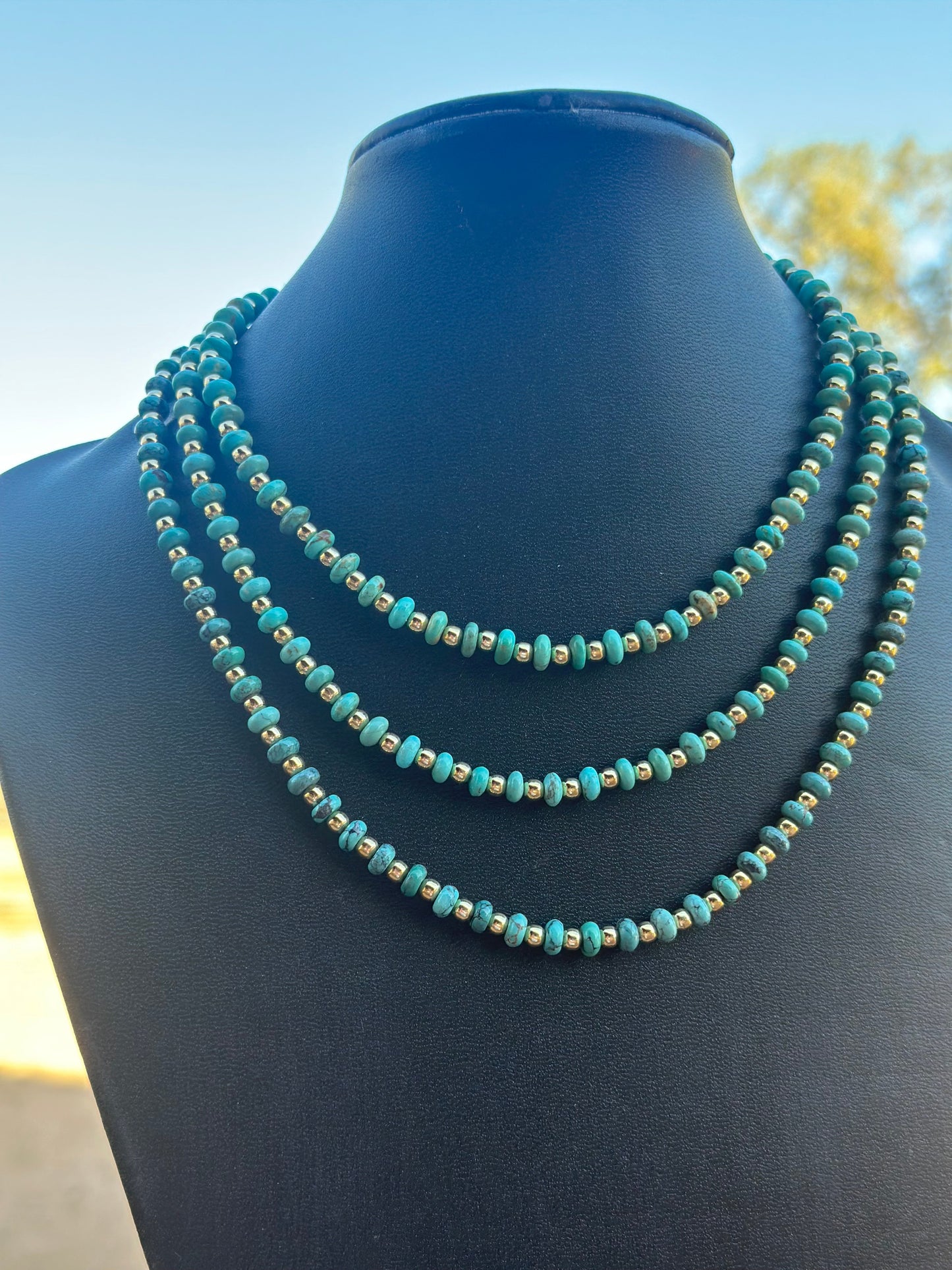 Gilded Sky Navajo Turquoise, Gold & Sterling Silver Beaded Necklace and Bracelets