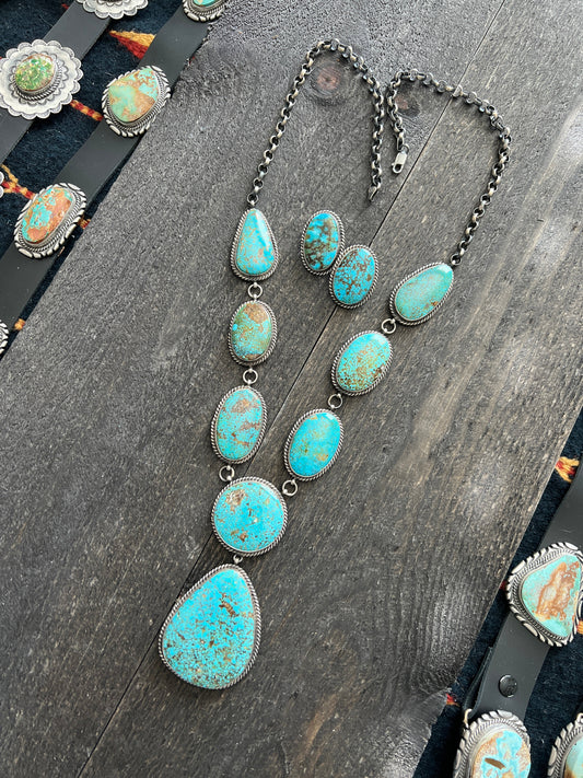Navajo Sterling Silver and Birdseye Kingman Turquoise Y-Style Lariat Necklace and Earrings Set by Peggy Skeets
