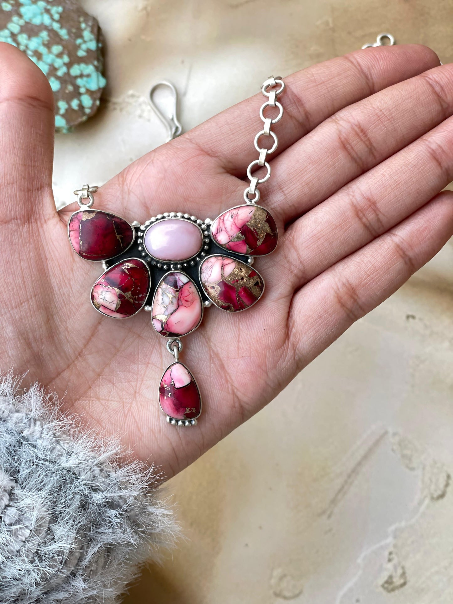 Beautiful Handmade Sterling Silver Dahlia Rose Pink Opal Crescent Necklace