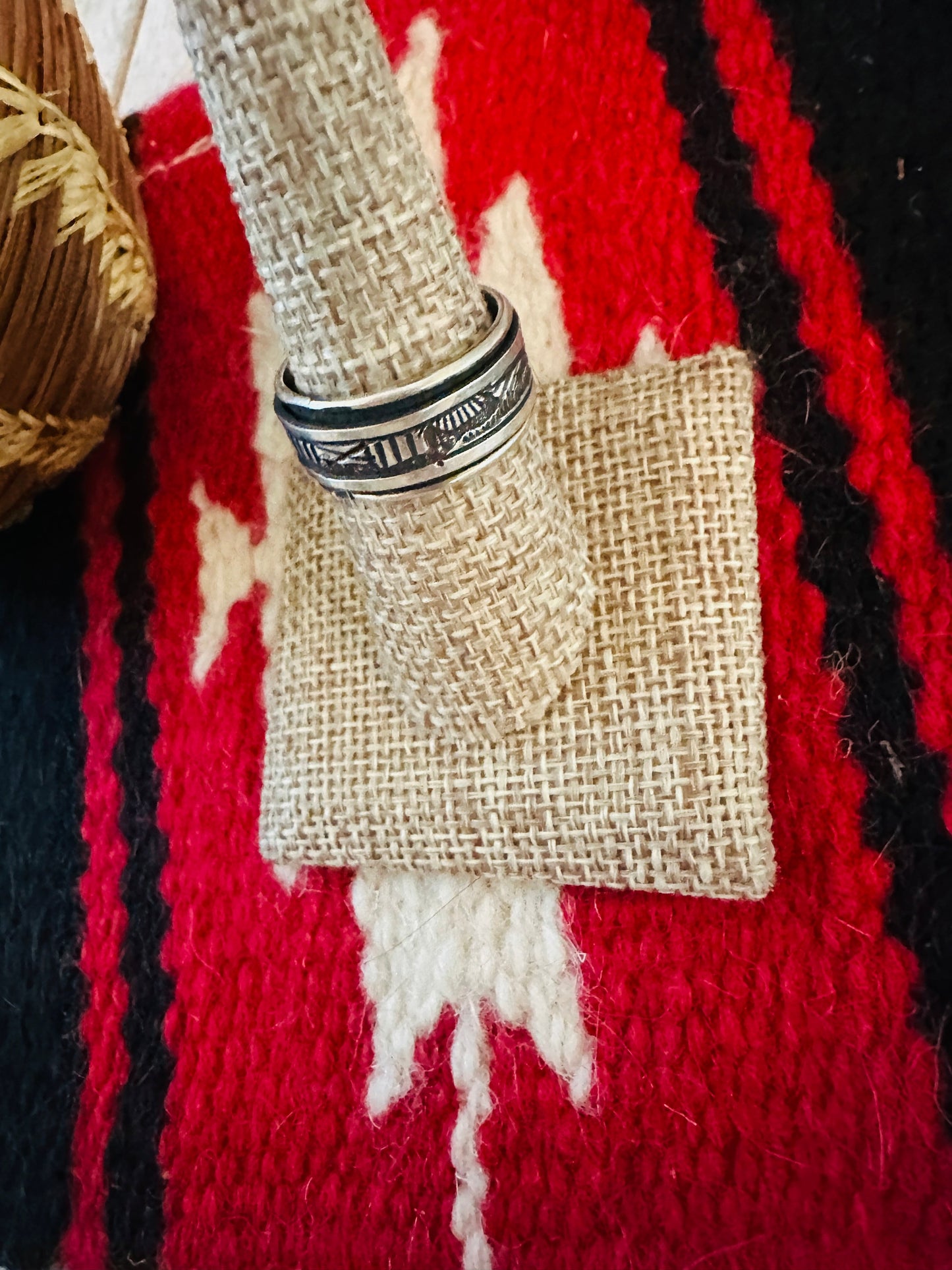 Navajo Hand Stamped Sterling Silver Storyteller Ring Size 8