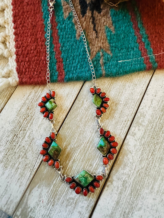 ** Christmas Collection ** Handmade Sterling Silver, Turquoise & Coral Necklace Signed Nizhoni
