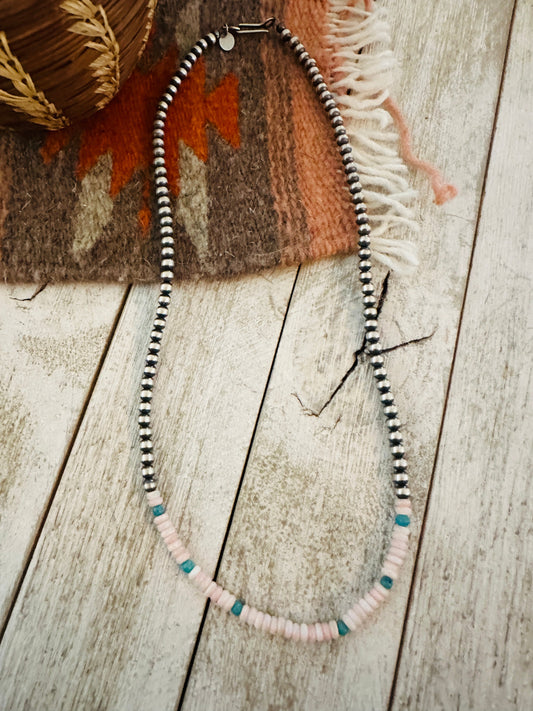 Navajo Sterling Silver Pearl, Queen Pink Conch & Turquoise Beaded Necklaces
