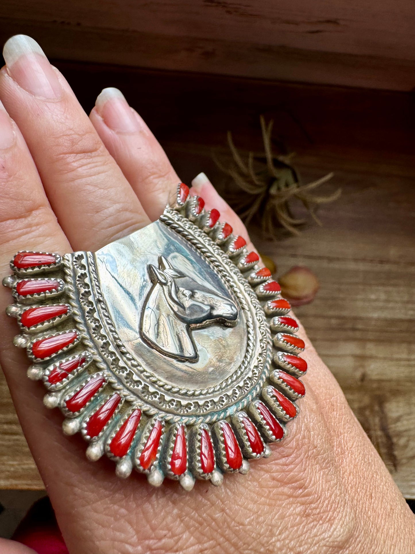 Navajo Coral Horse Ring – Adjustable Sterling Silver by Donovan Wilson