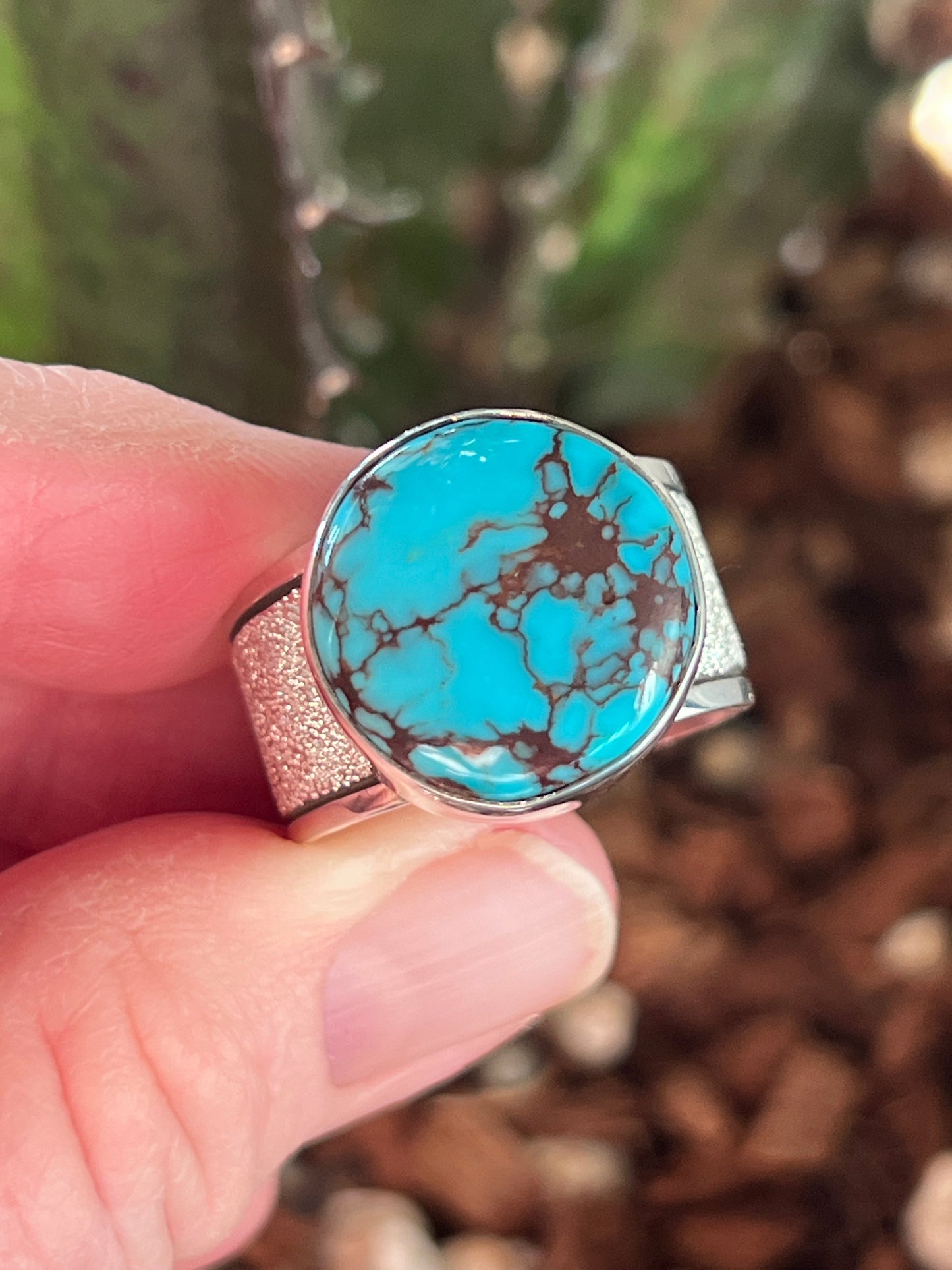 Native Made Sterling Silver Wide Shank Ring with Egyptian Turquoise by Shaun Rogers, Size 10.75