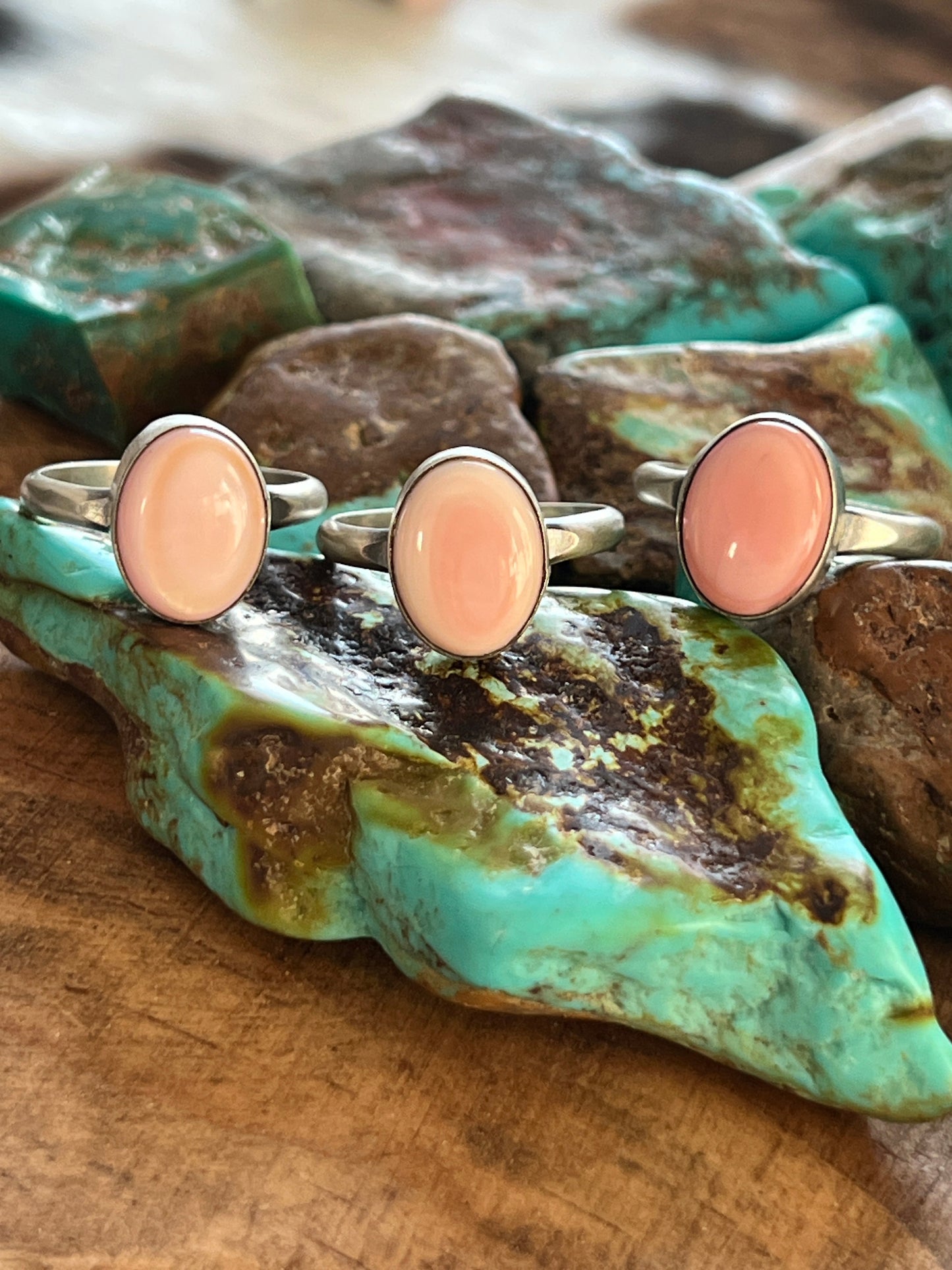Navajo Made Sterling Silver and Oval Pink Conch Stacker Ring, Single Shank