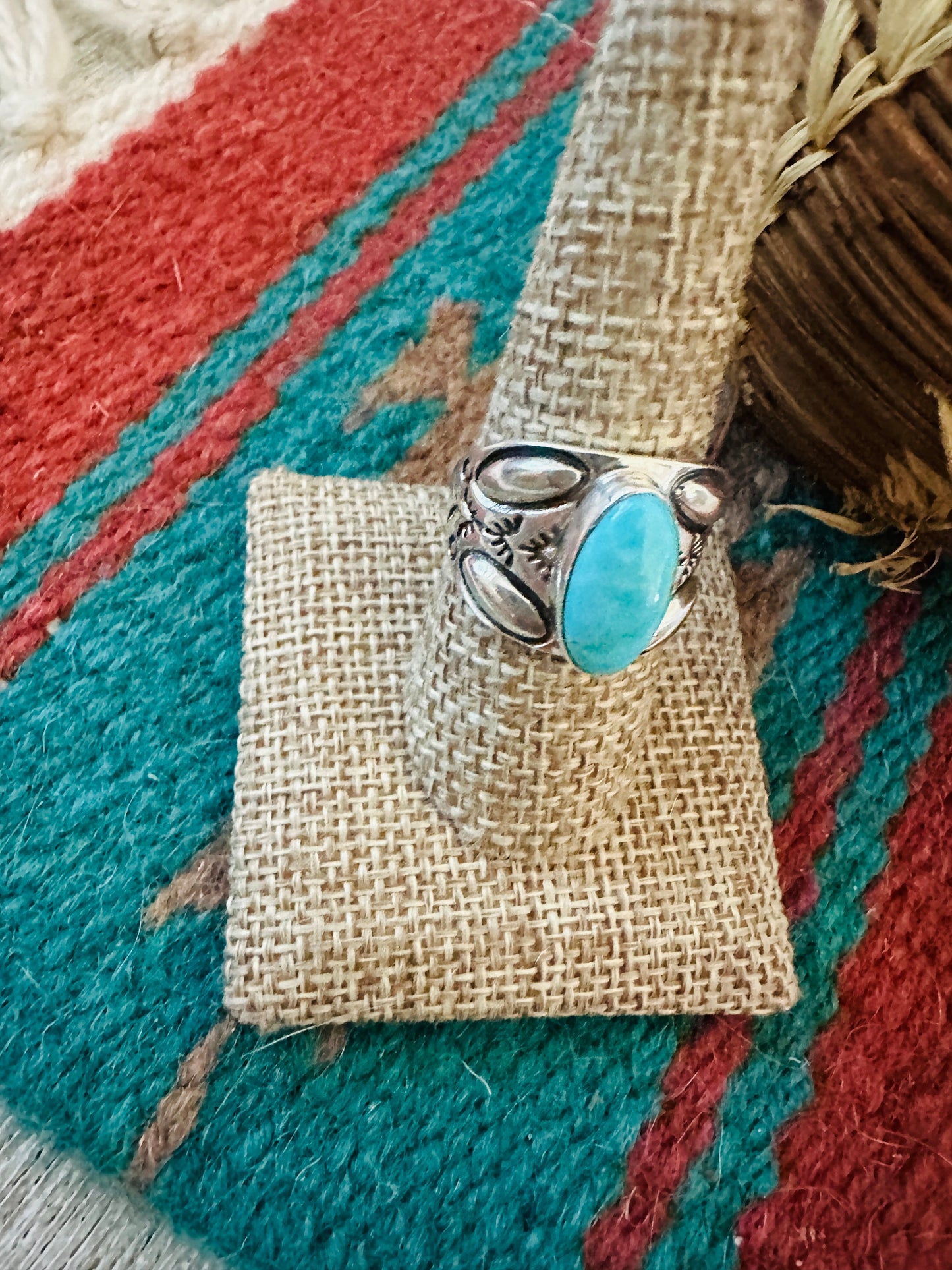 Navajo Turquoise & Sterling Silver Cigar Band Ring Size 9