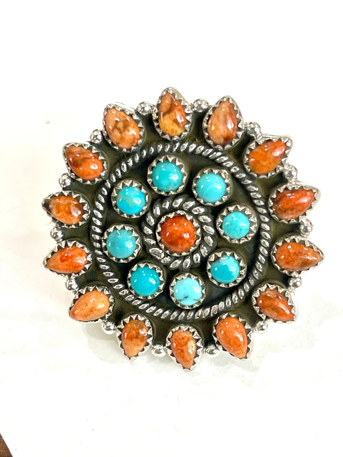 Handmade Turquoise , Orange Mojave And Sterling Silver Adjustable Cluster Ring