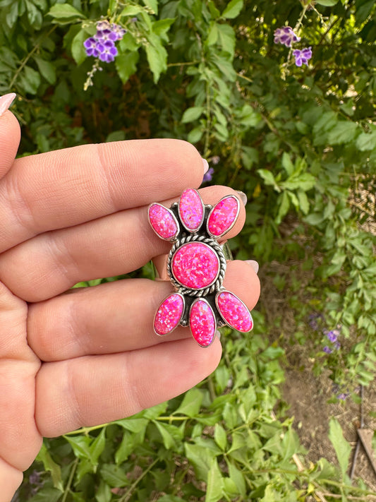 “Barbies Choice” Beautiful Handmade Hot Pink Fire Opal And Sterling Silver Adjustable Ring