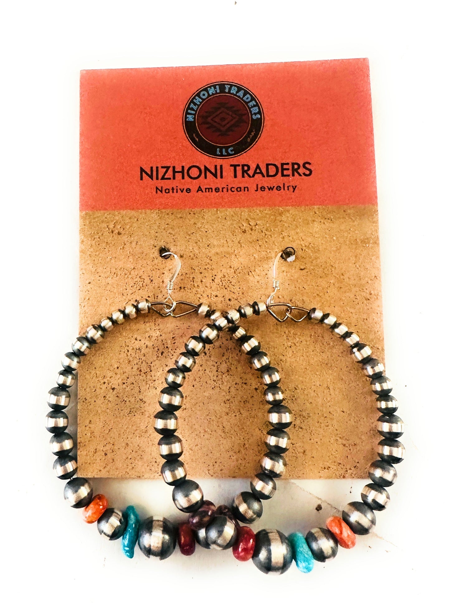 Navajo Multi Stone & Sterling Silver Pearl Dangle Hoop Earrings