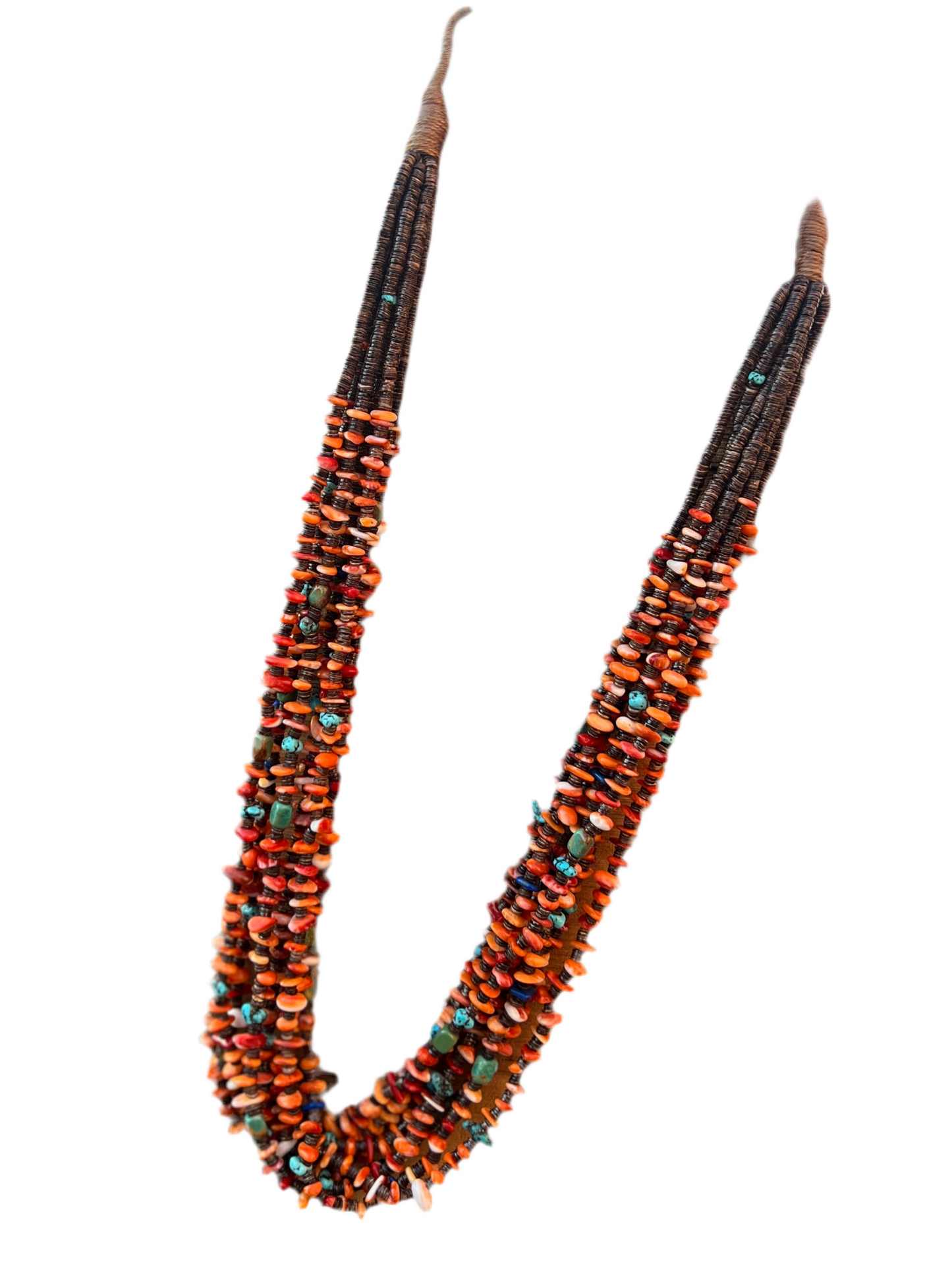 Gorgeous Navajo Made Eight Strand Spiny Oyster and Turquoise Beaded Squaw Wrap Necklace