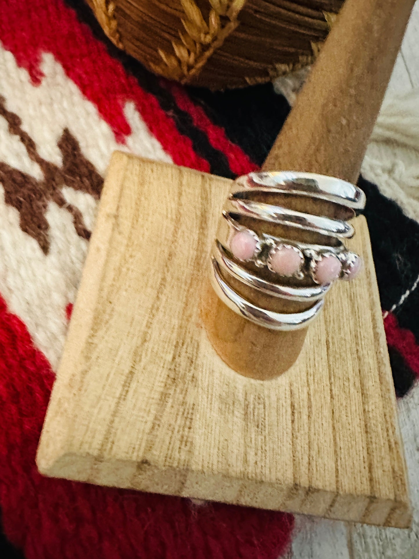 Navajo Queen Pink Conch & Sterling Silver Bar Ring