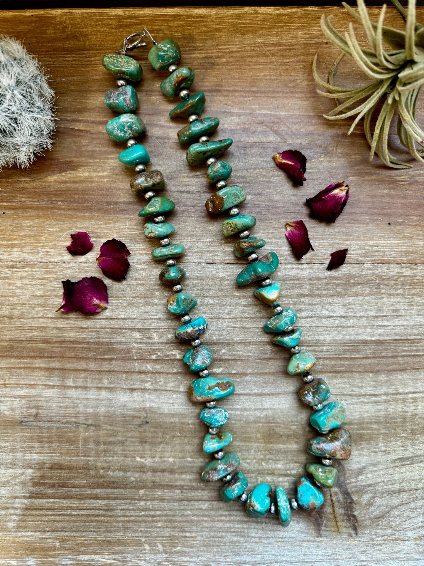 22 inch sterling silver pearls necklace with chunky turquoise