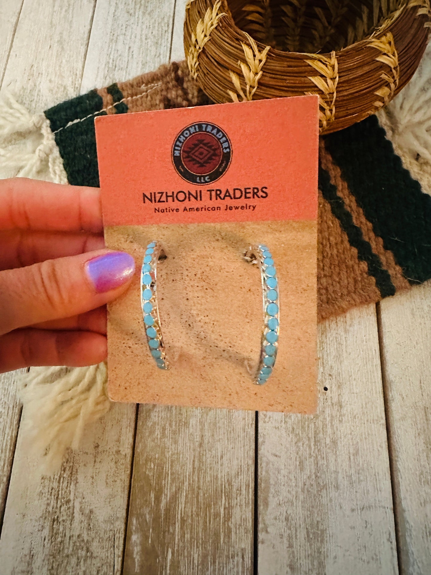 Zuni Sterling Silver & Turquoise Hoop Earrings