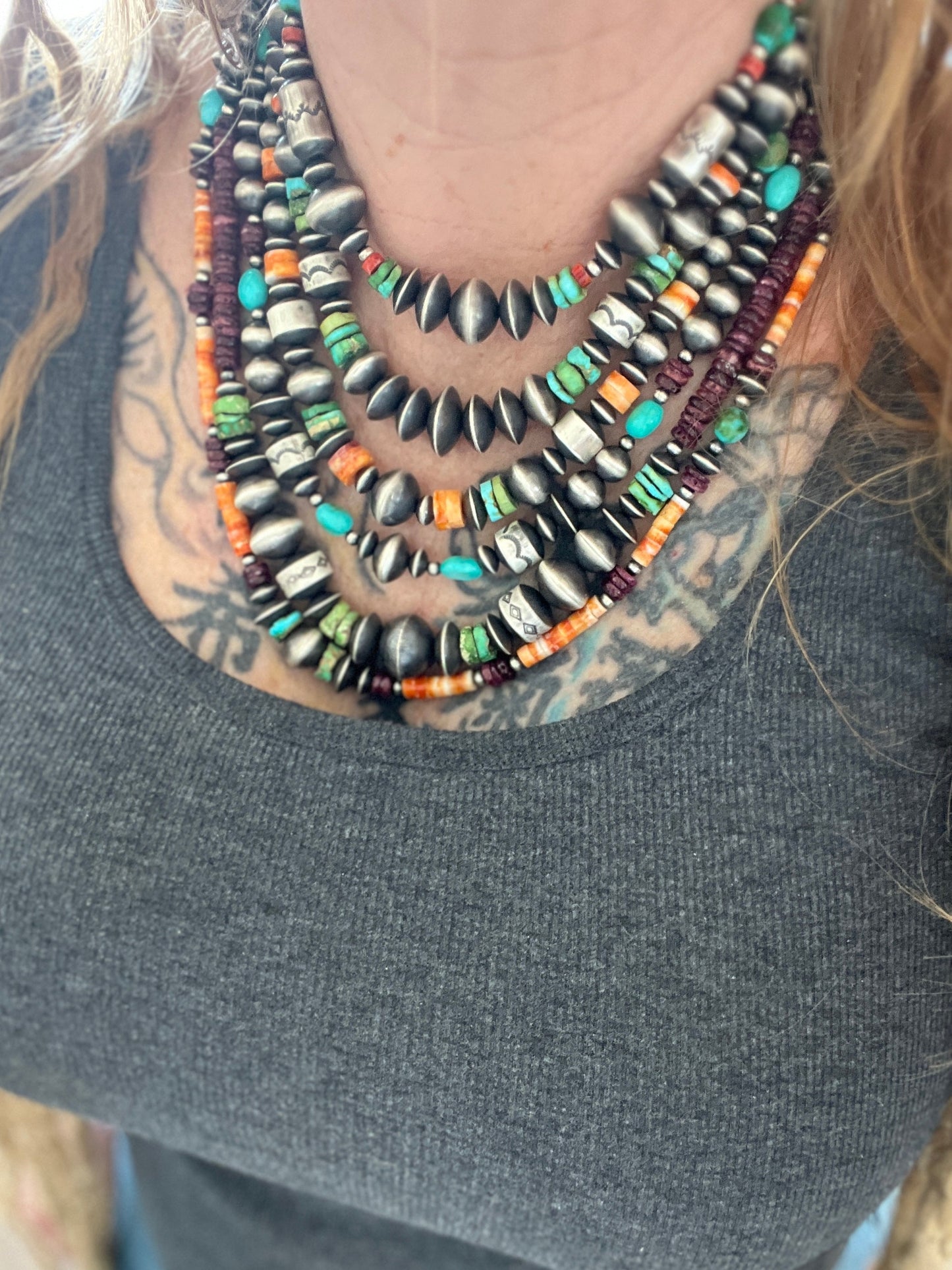 Navajo Made Electric Rainbow Sterling Silver, Turquoise and Spiny Oyster Single Strand Beaded Necklace by Rose Martin, 18 + 2 Inches