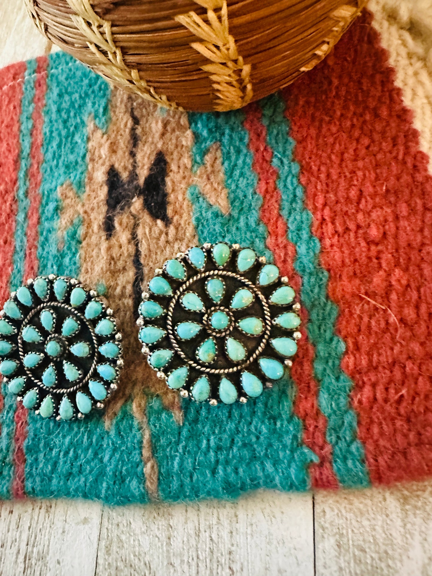 Handmade Turquoise & Sterling Silver Cluster Post Earrings Signed Nizhoni 1.5”