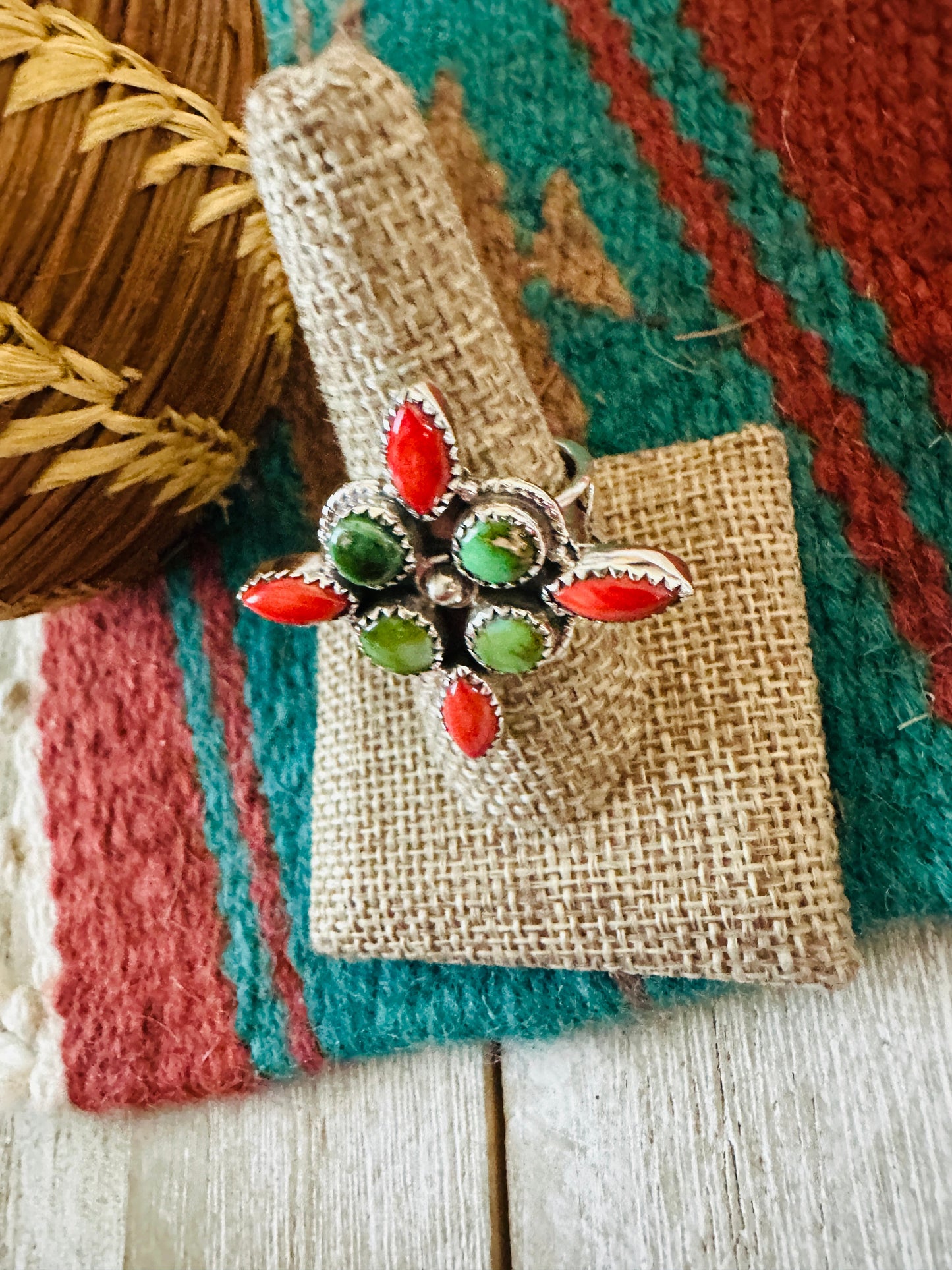 ** Christmas Collection ** Handmade Sterling Silver, Turquoise & Coral Adjustable Ring Signed Nizhoni