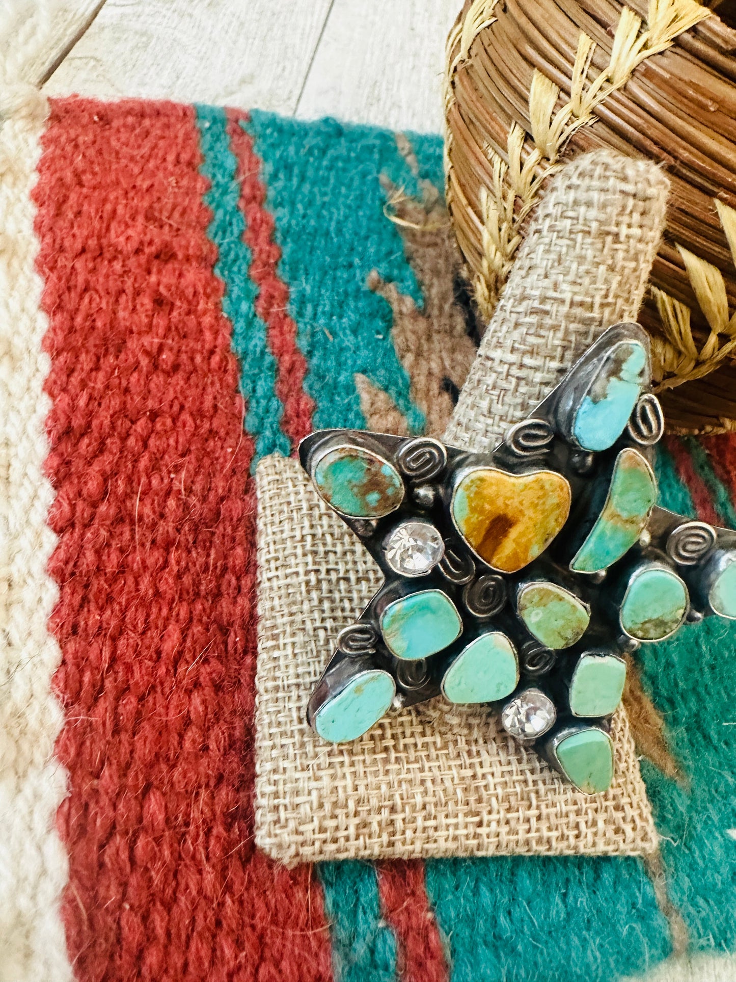 Navajo Royston Turquoise, CZ & Sterling Silver Adjustable Star Ring by Jacqueline Silver